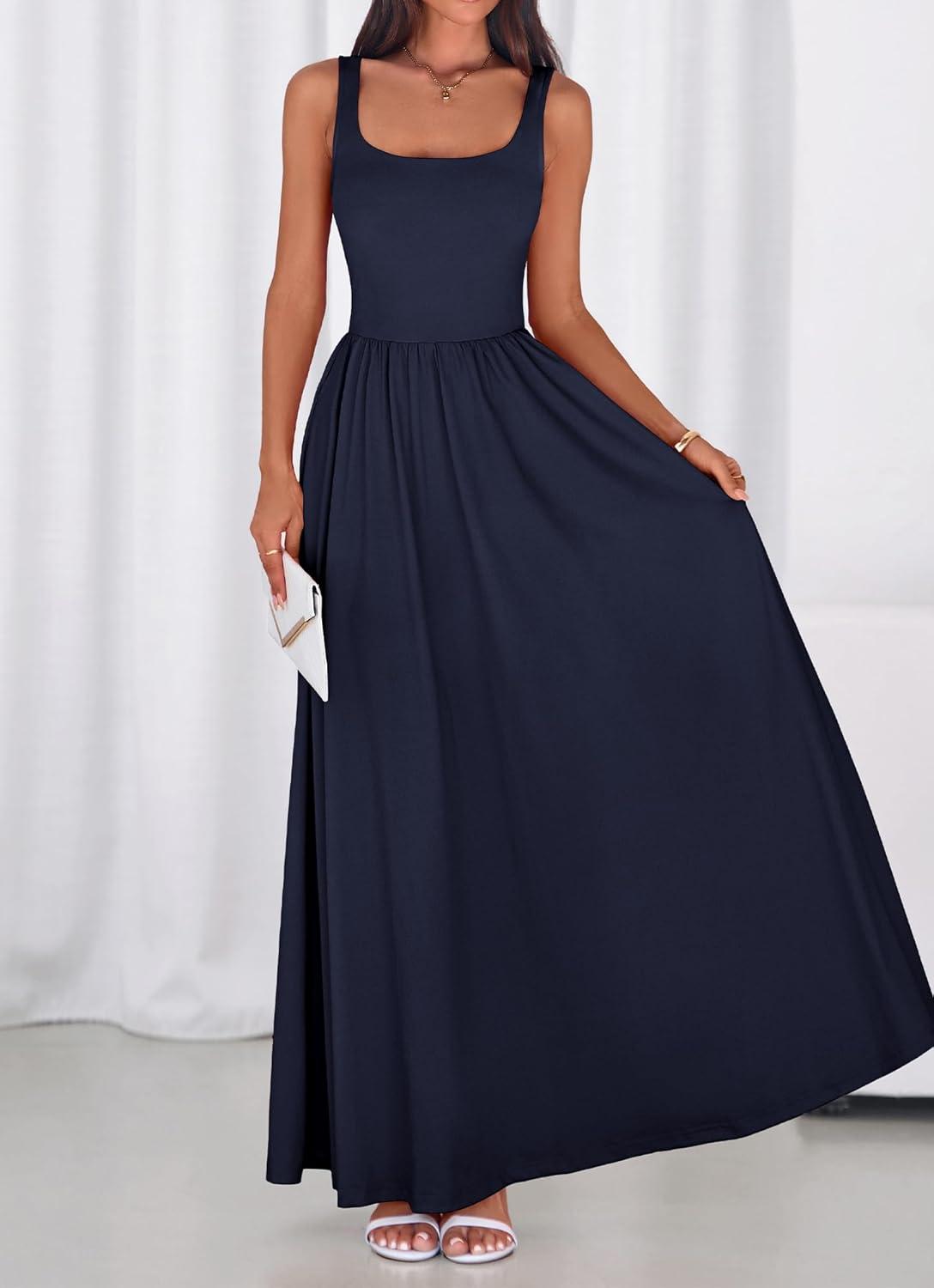imageBTFBM Summer Dresses for Women 2026 Maxi Casual Square Neck Flowy Long Sundress Spring Wedding Guest Cocktail DressNavy Blue