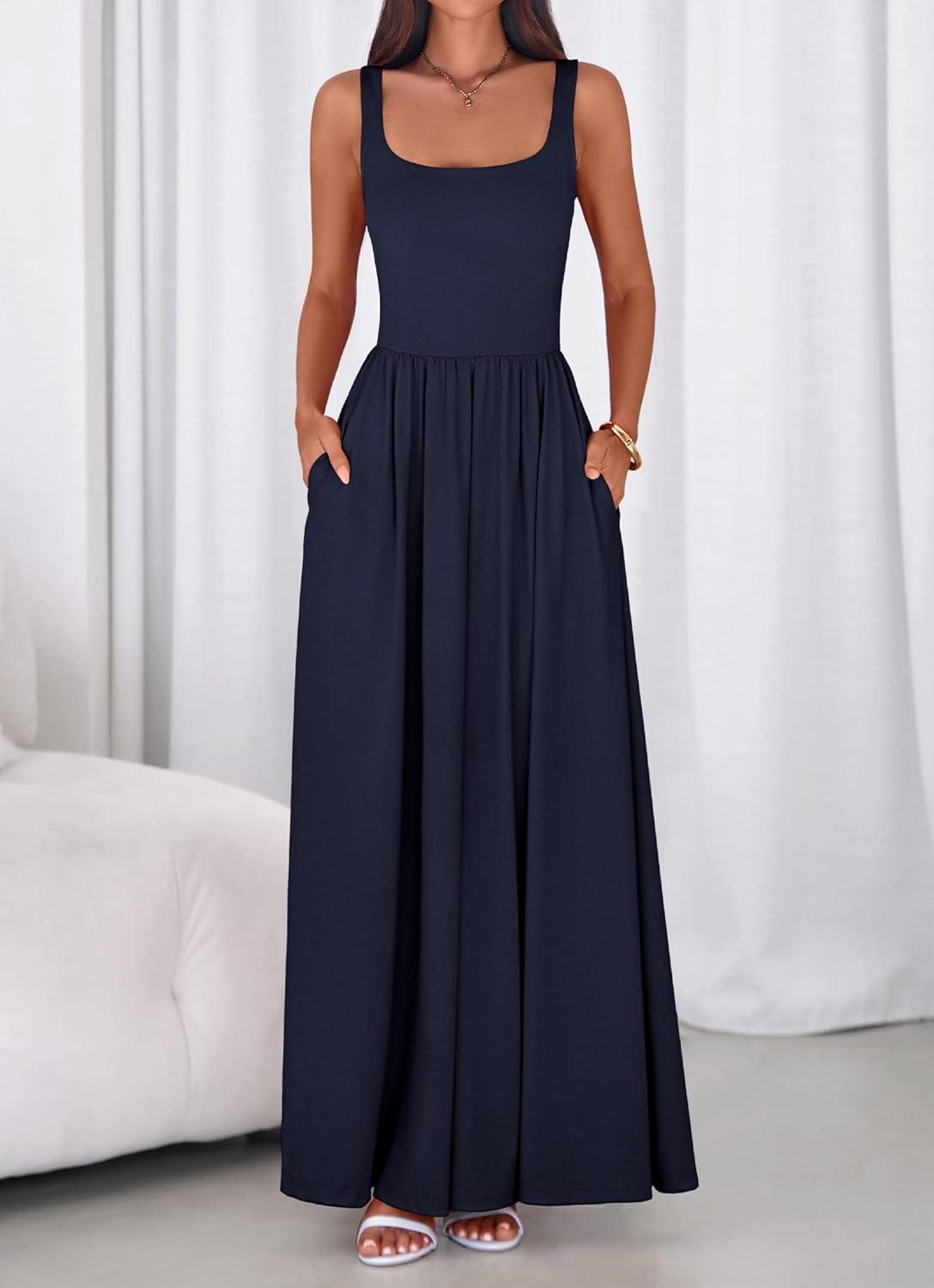 imageBTFBM Summer Dresses for Women 2026 Maxi Casual Square Neck Flowy Long Sundress Spring Wedding Guest Cocktail DressNavy Blue