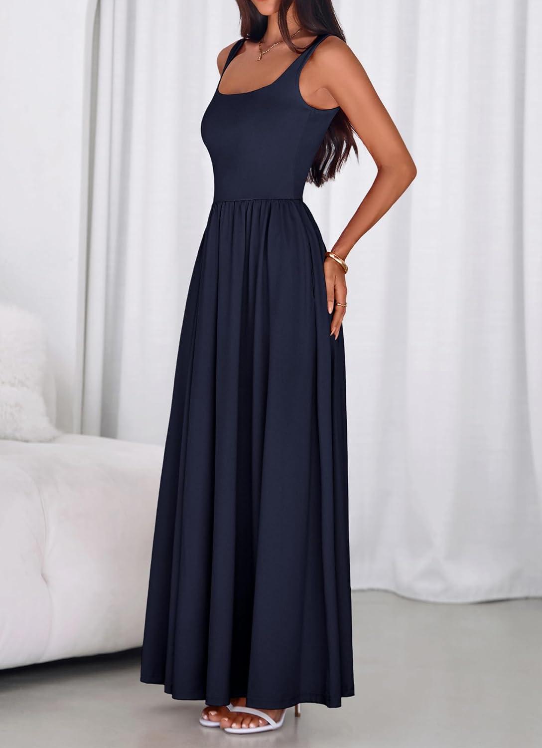 imageBTFBM Summer Dresses for Women 2026 Maxi Casual Square Neck Flowy Long Sundress Spring Wedding Guest Cocktail DressNavy Blue