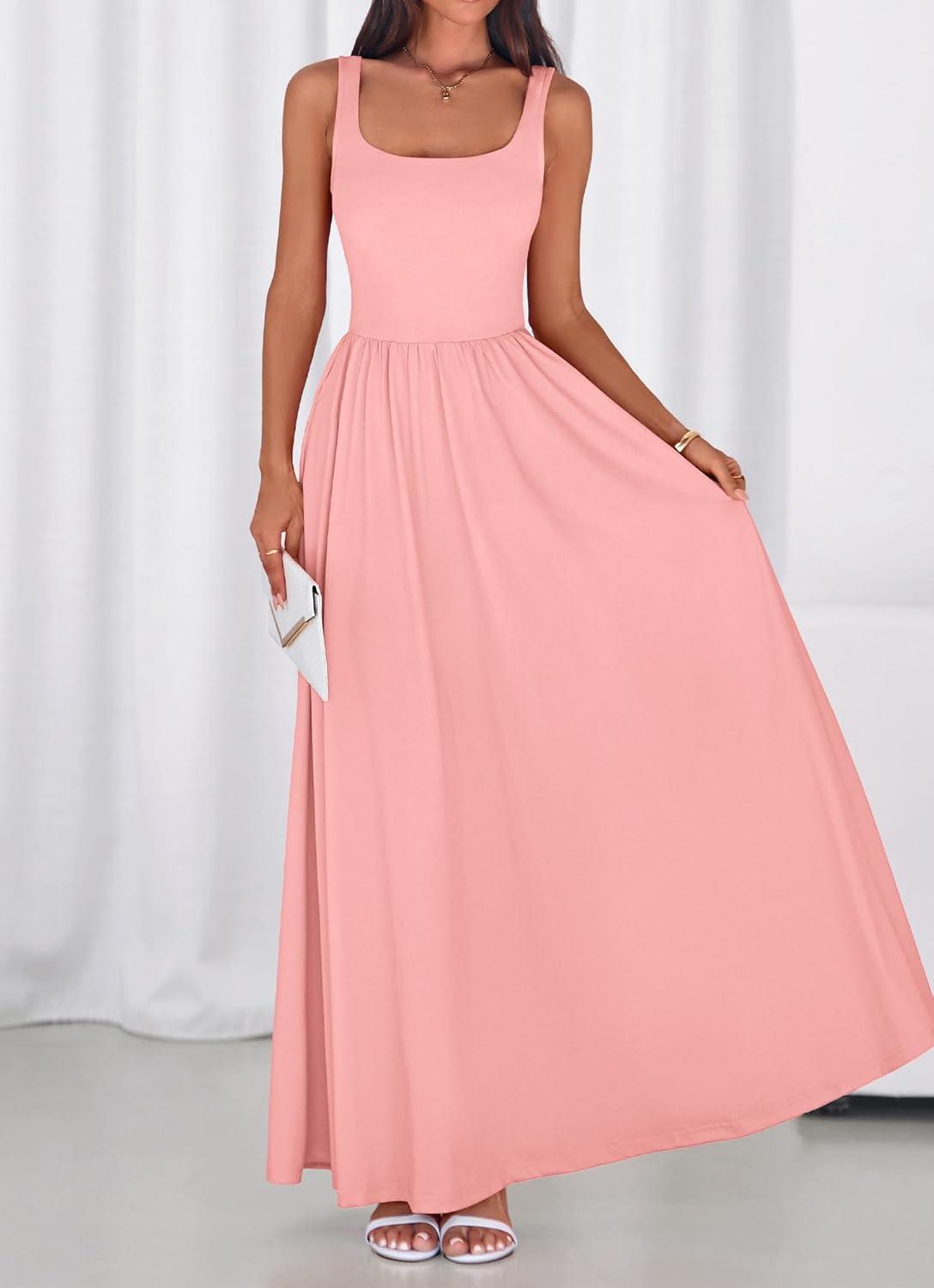 imageBTFBM Summer Dresses for Women 2026 Maxi Casual Square Neck Flowy Long Sundress Spring Wedding Guest Cocktail DressPink