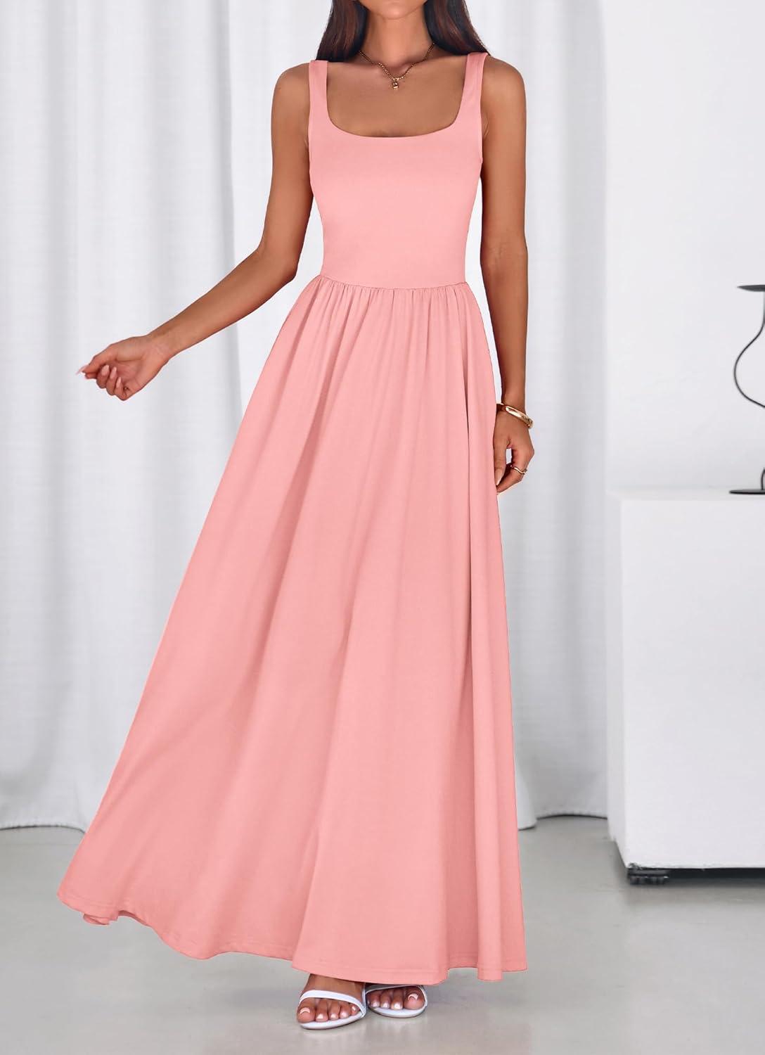 imageBTFBM Summer Dresses for Women 2026 Maxi Casual Square Neck Flowy Long Sundress Spring Wedding Guest Cocktail DressPink