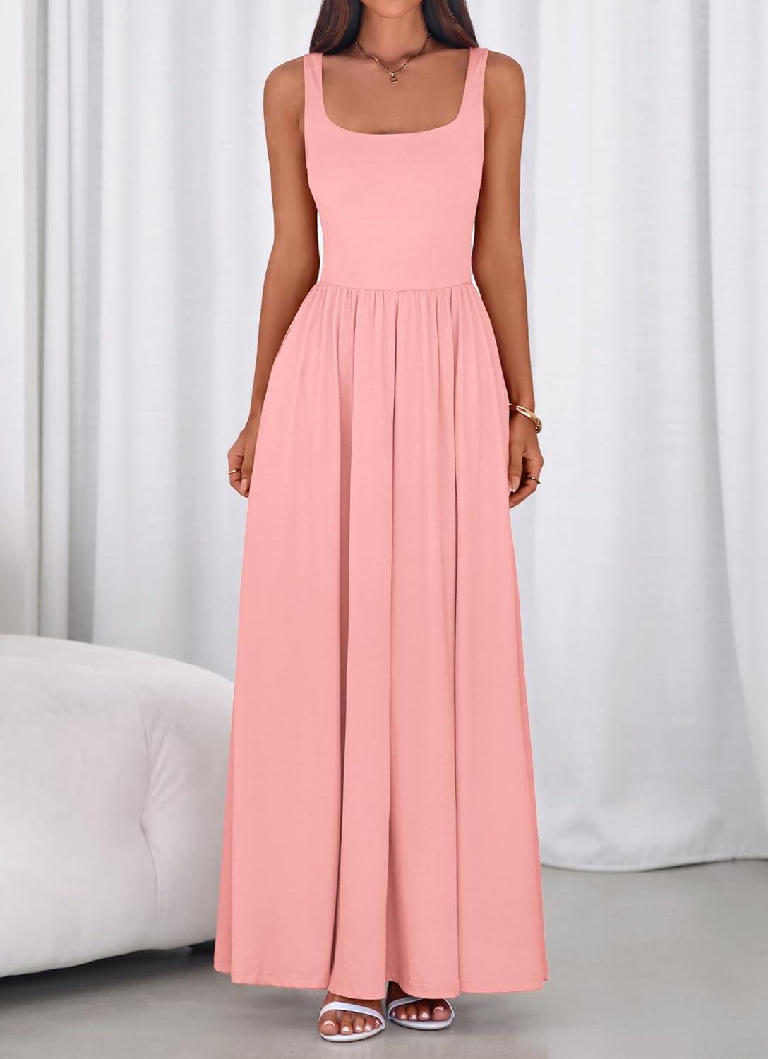 imageBTFBM Summer Dresses for Women 2026 Maxi Casual Square Neck Flowy Long Sundress Spring Wedding Guest Cocktail DressPink