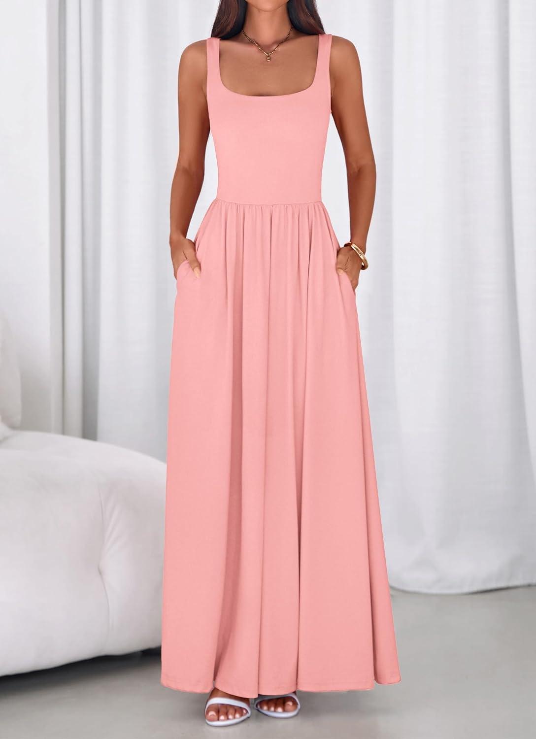 imageBTFBM Summer Dresses for Women 2026 Maxi Casual Square Neck Flowy Long Sundress Spring Wedding Guest Cocktail DressPink