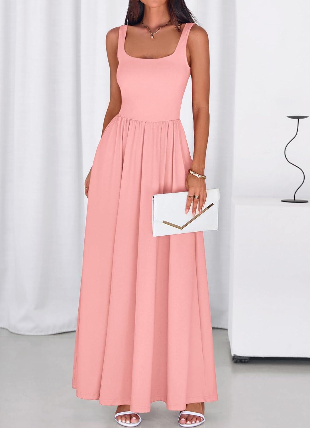 imageBTFBM Summer Dresses for Women 2026 Maxi Casual Square Neck Flowy Long Sundress Spring Wedding Guest Cocktail DressPink
