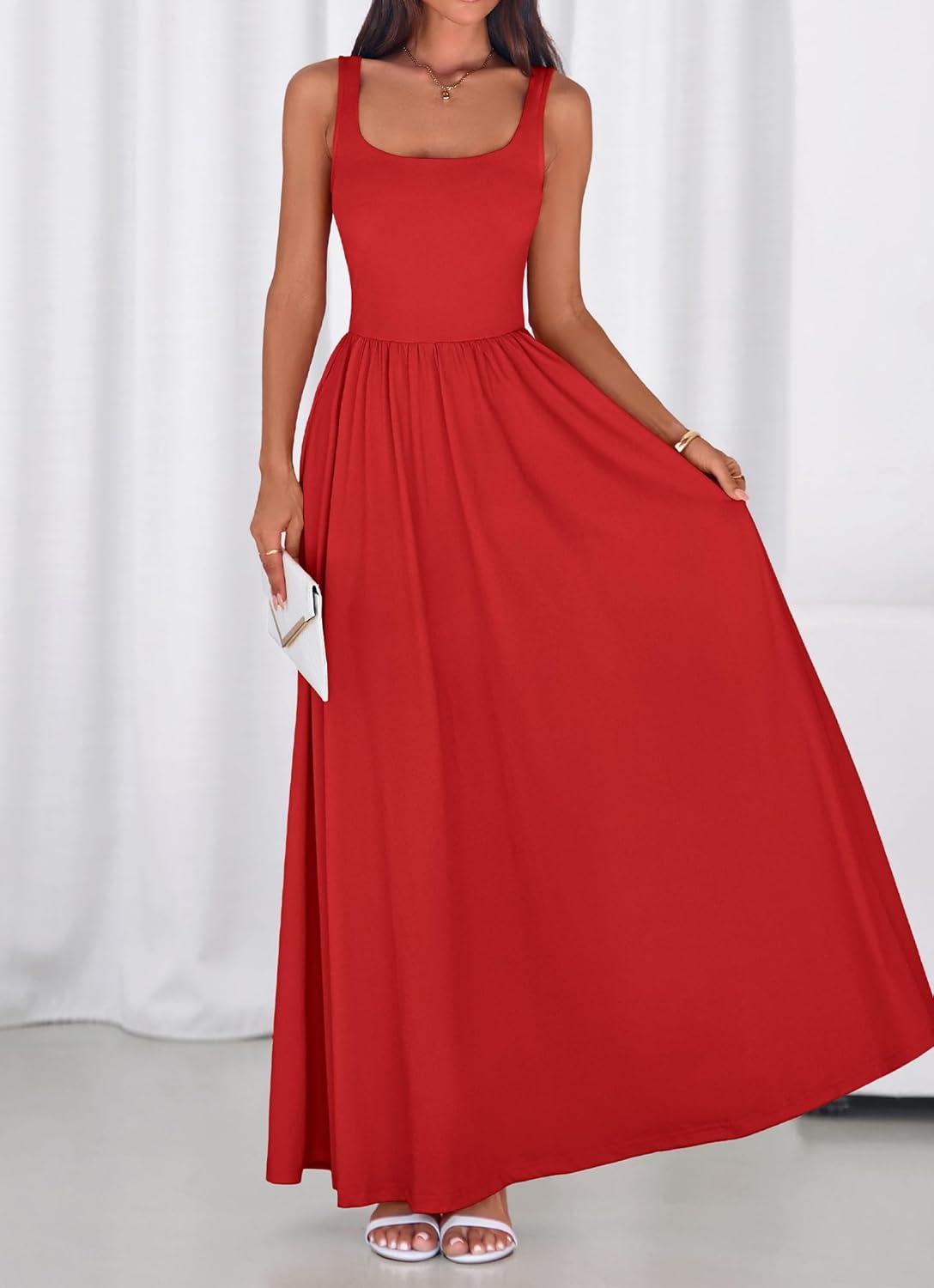 imageBTFBM Summer Dresses for Women 2026 Maxi Casual Square Neck Flowy Long Sundress Spring Wedding Guest Cocktail DressRed