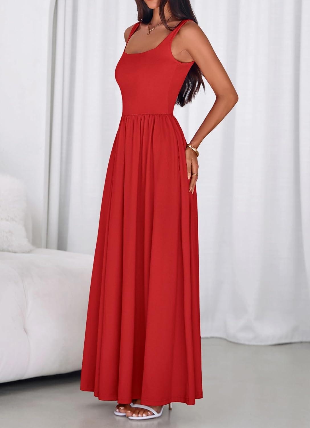 imageBTFBM Summer Dresses for Women 2026 Maxi Casual Square Neck Flowy Long Sundress Spring Wedding Guest Cocktail DressRed
