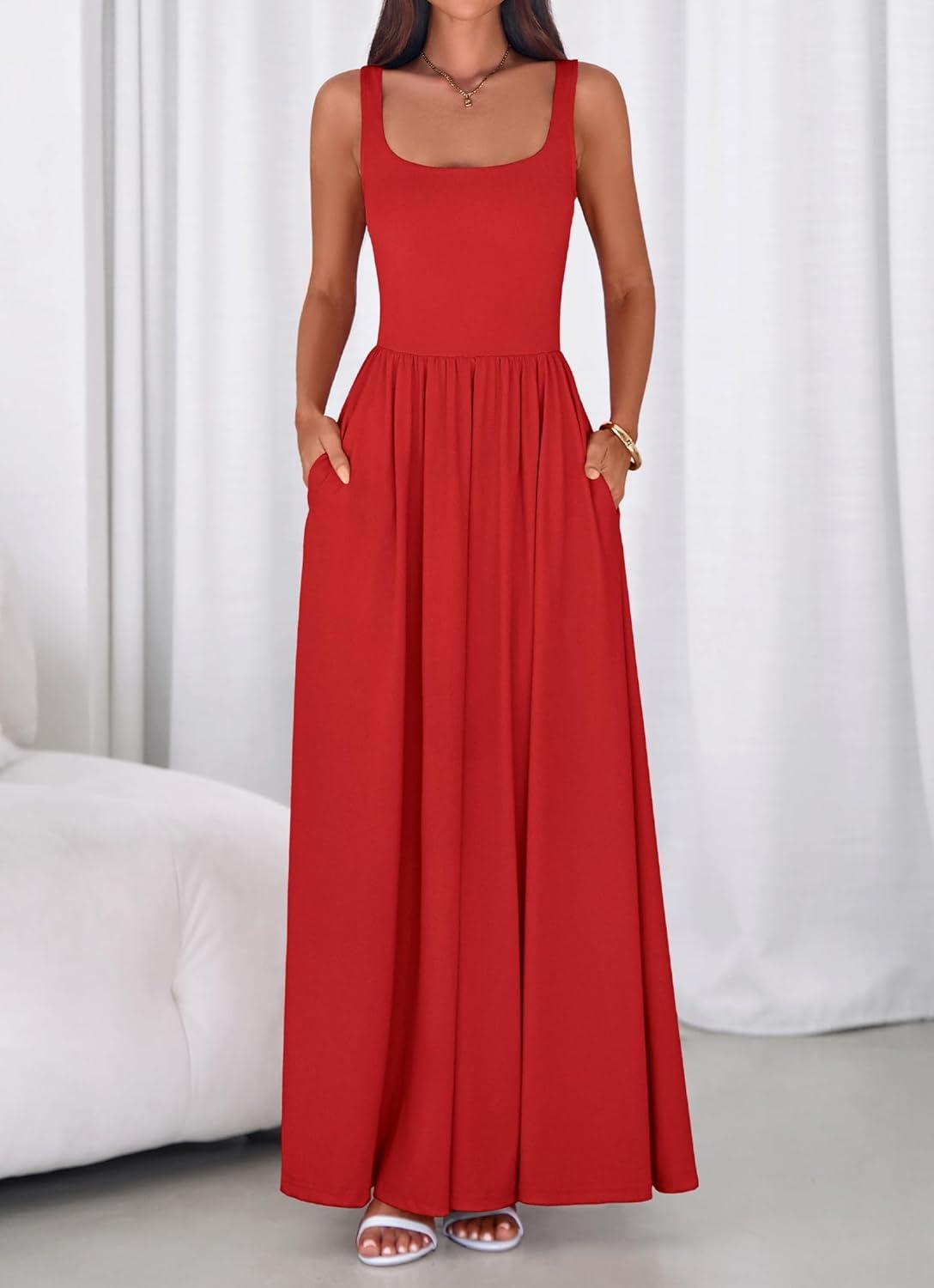 imageBTFBM Summer Dresses for Women 2026 Maxi Casual Square Neck Flowy Long Sundress Spring Wedding Guest Cocktail DressRed
