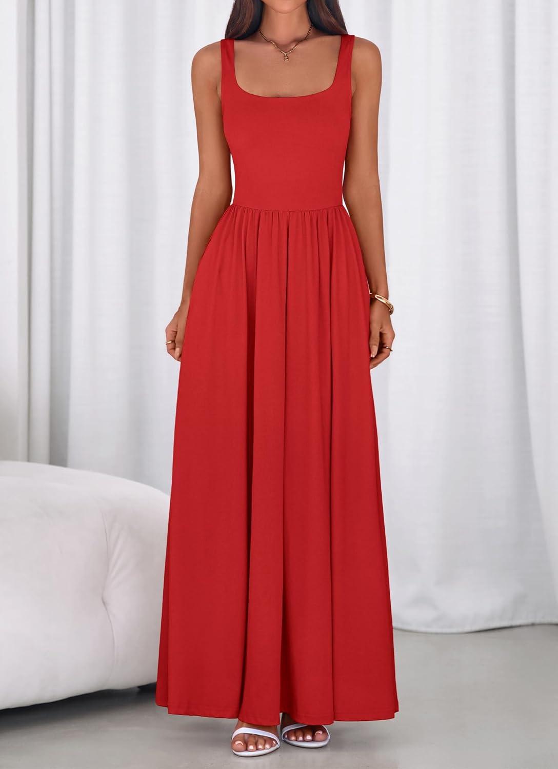 imageBTFBM Summer Dresses for Women 2026 Maxi Casual Square Neck Flowy Long Sundress Spring Wedding Guest Cocktail DressRed