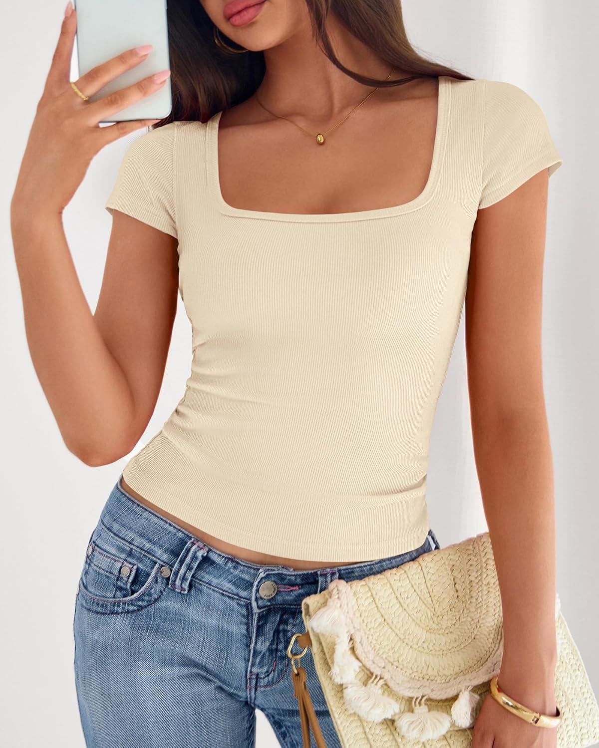 imageBTFBM T Shirts for Women Square Neck Crop Tops 2025 Spring Trendy Fashion Going Out Workout Y2k Clothes Summer OutfitsBeige
