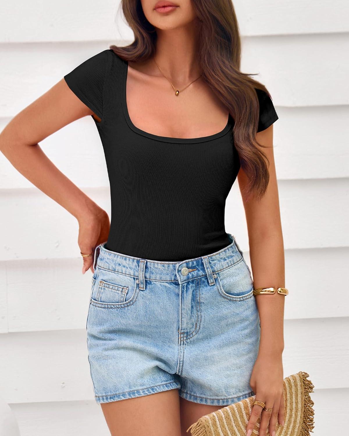 imageBTFBM T Shirts for Women Square Neck Crop Tops 2025 Spring Trendy Fashion Going Out Workout Y2k Clothes Summer OutfitsBlack