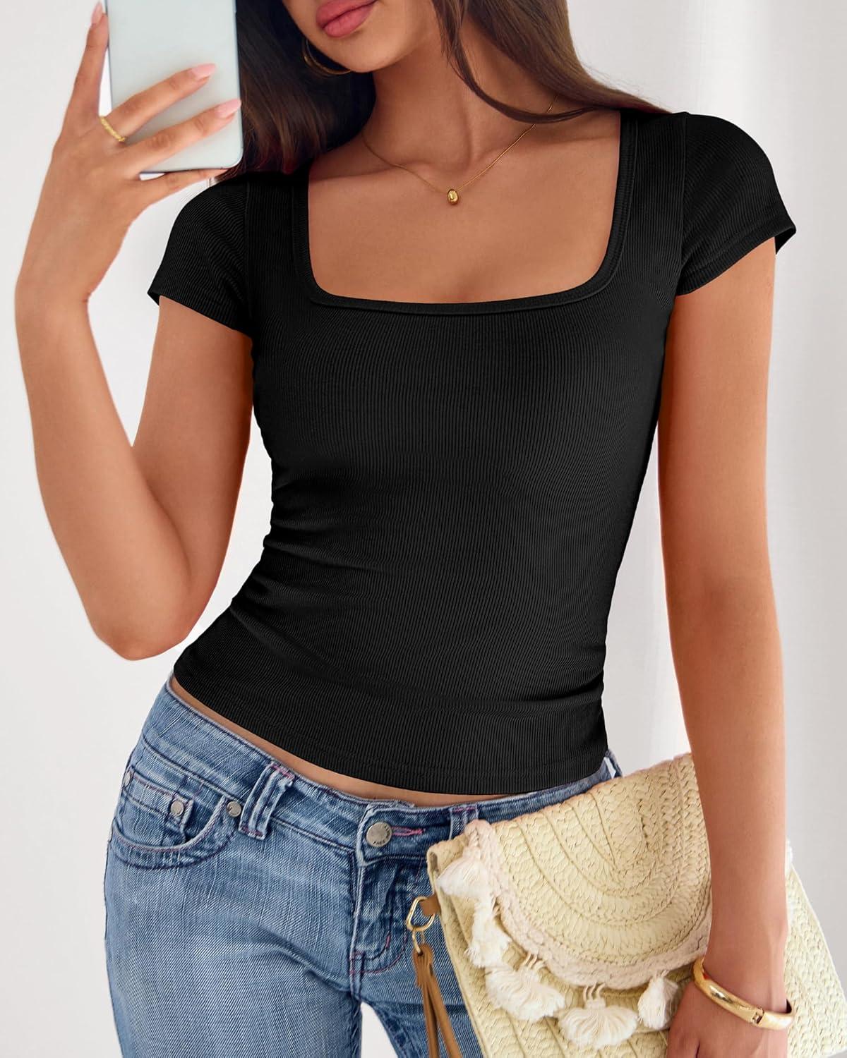 imageBTFBM T Shirts for Women Square Neck Crop Tops 2025 Spring Trendy Fashion Going Out Workout Y2k Clothes Summer OutfitsBlack