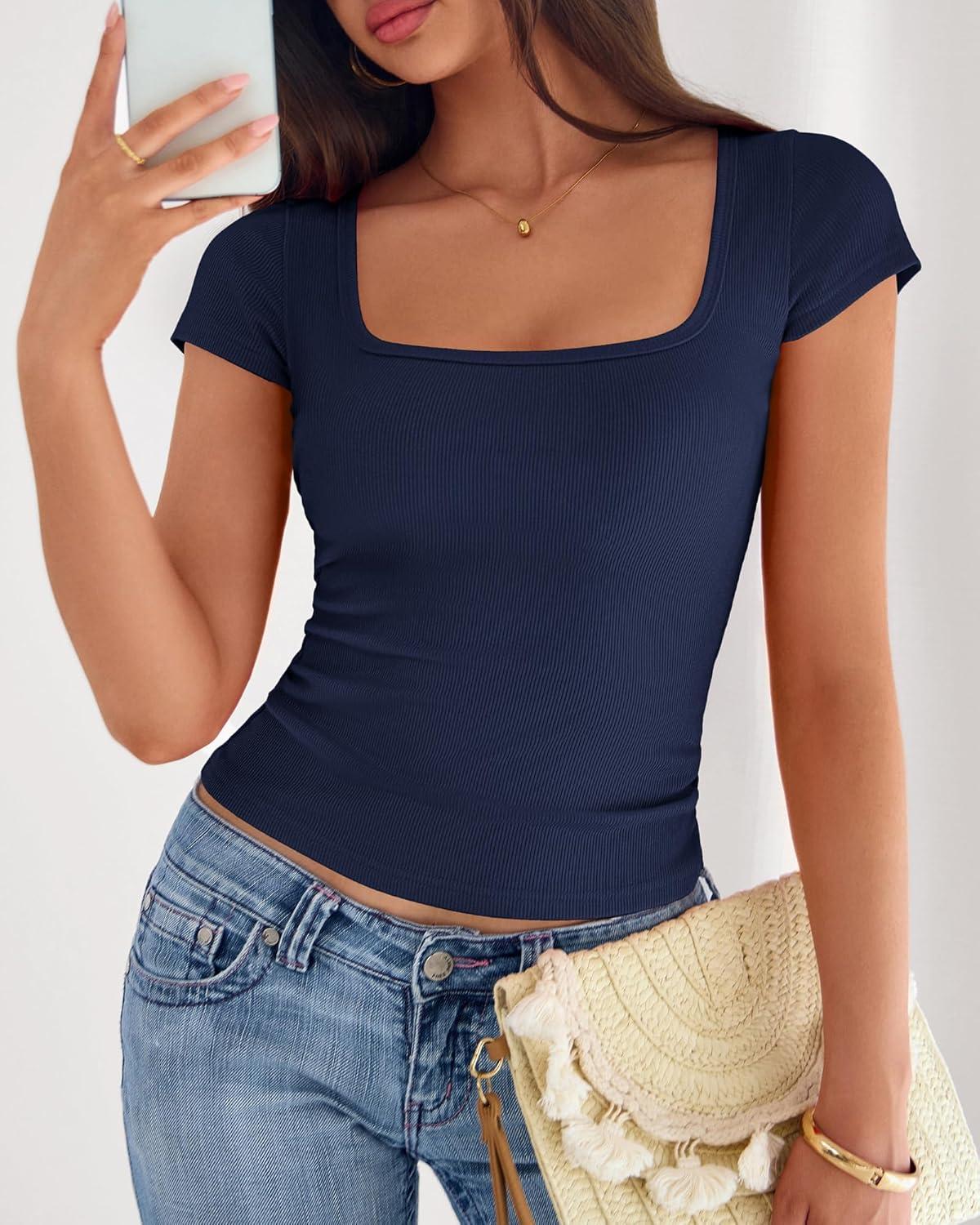 imageBTFBM T Shirts for Women Square Neck Crop Tops 2025 Spring Trendy Fashion Going Out Workout Y2k Clothes Summer OutfitsNavy Blue