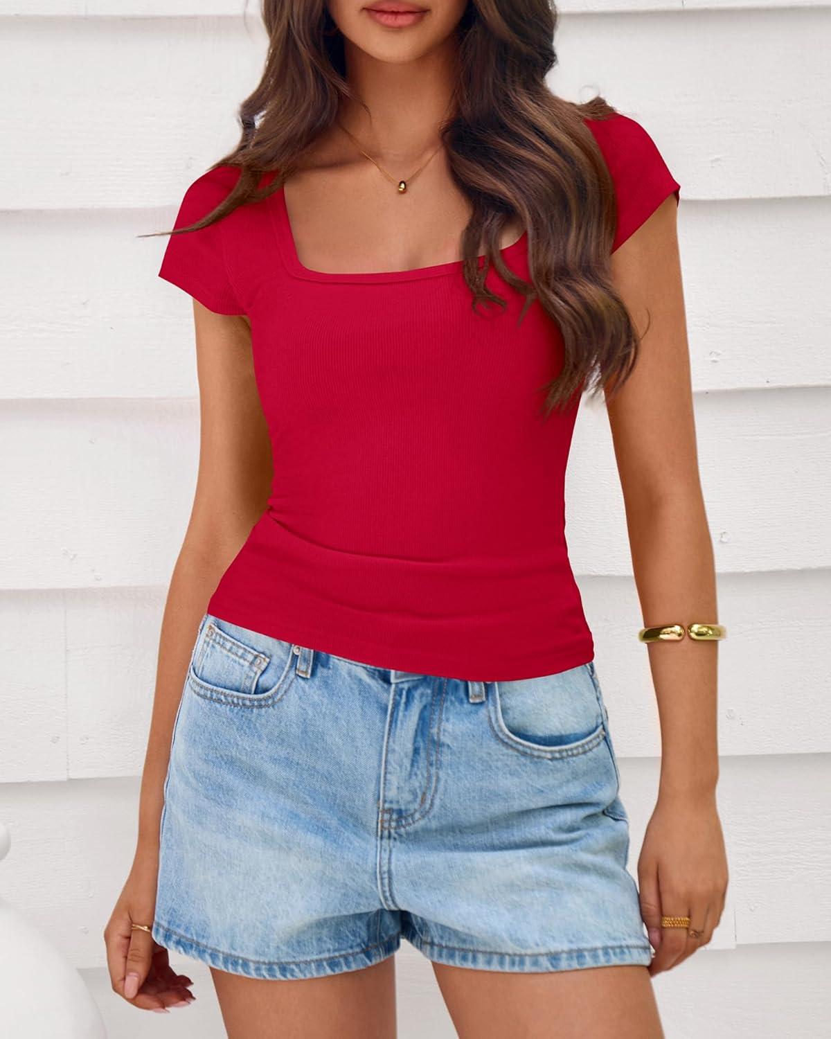 imageBTFBM T Shirts for Women Square Neck Crop Tops 2025 Spring Trendy Fashion Going Out Workout Y2k Clothes Summer OutfitsRed