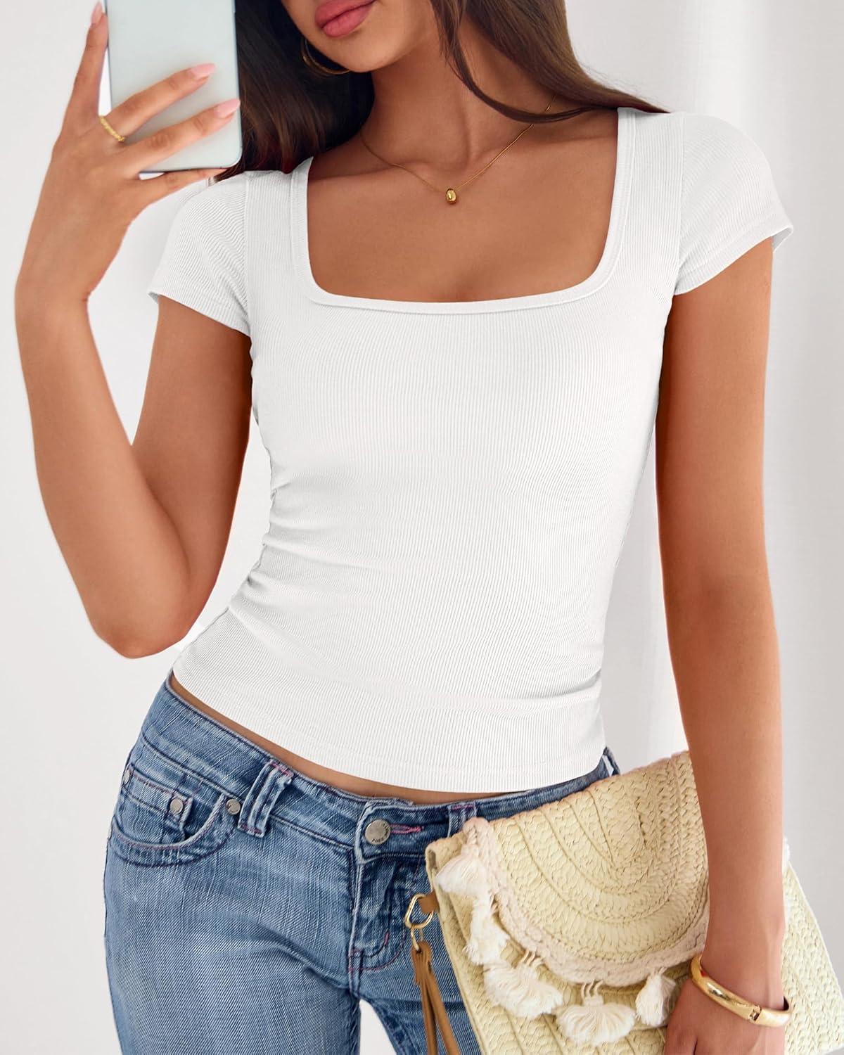 imageBTFBM T Shirts for Women Square Neck Crop Tops 2025 Spring Trendy Fashion Going Out Workout Y2k Clothes Summer OutfitsWhite