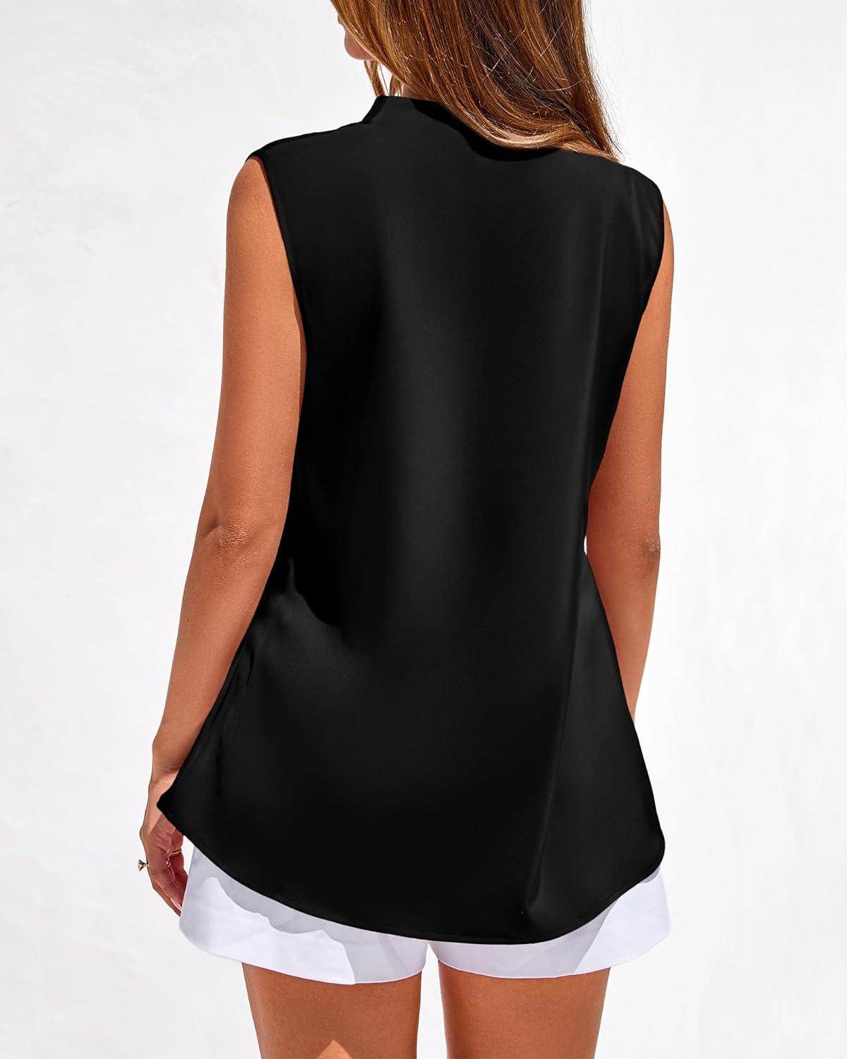 imageBTFBM Tank Top for Women 2026 Summer Satin V Neck Pleated Sleeveless Blouses Dressy Casual Work Business Casual OutfitsBlack