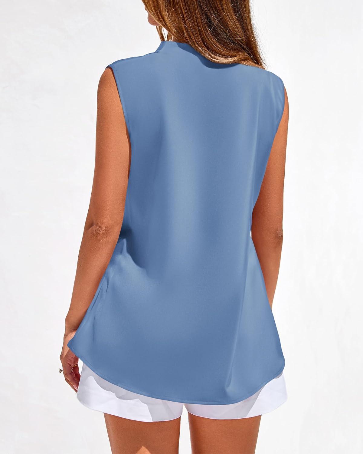 imageBTFBM Tank Top for Women 2026 Summer Satin V Neck Pleated Sleeveless Blouses Dressy Casual Work Business Casual OutfitsBlue