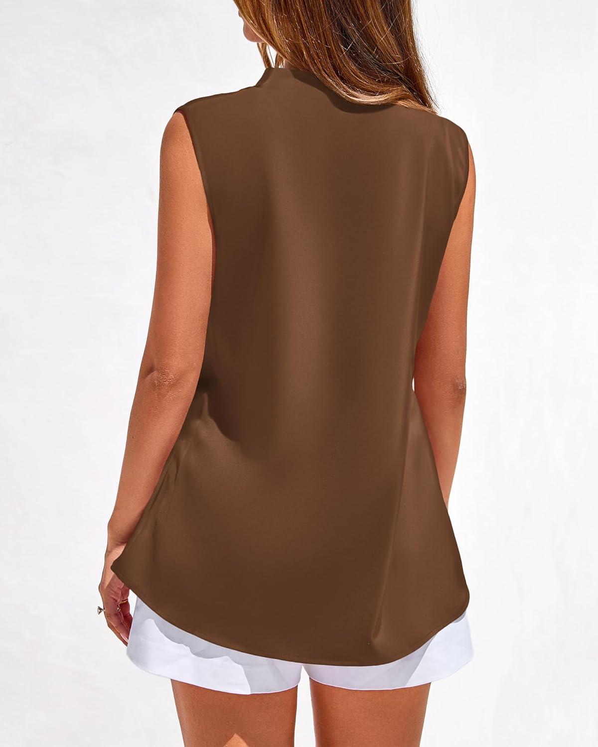 imageBTFBM Tank Top for Women 2026 Summer Satin V Neck Pleated Sleeveless Blouses Dressy Casual Work Business Casual OutfitsBrown