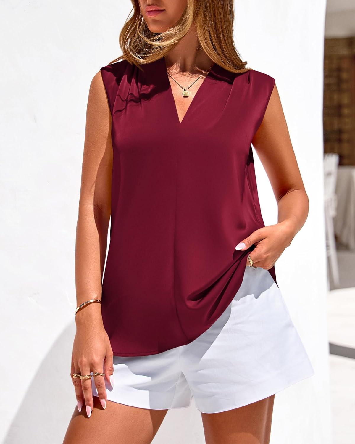 imageBTFBM Tank Top for Women 2026 Summer Satin V Neck Pleated Sleeveless Blouses Dressy Casual Work Business Casual OutfitsBurgundy