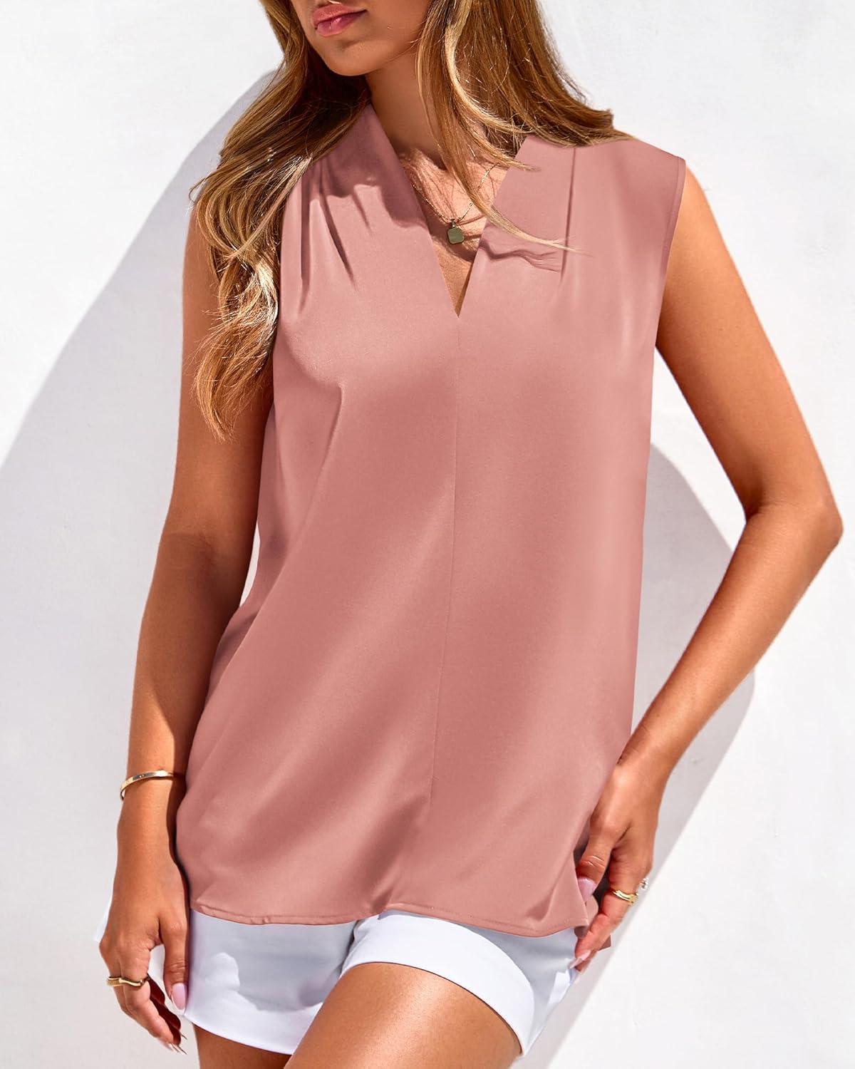 imageBTFBM Tank Top for Women 2026 Summer Satin V Neck Pleated Sleeveless Blouses Dressy Casual Work Business Casual OutfitsGrey Pink