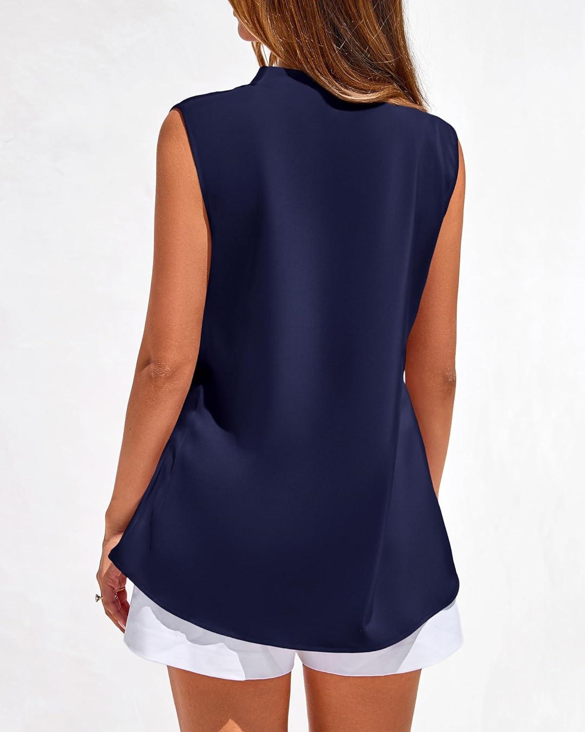 imageBTFBM Tank Top for Women 2026 Summer Satin V Neck Pleated Sleeveless Blouses Dressy Casual Work Business Casual OutfitsNavy Blue