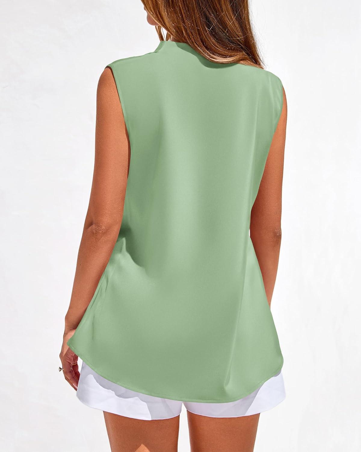 imageBTFBM Tank Top for Women 2026 Summer Satin V Neck Pleated Sleeveless Blouses Dressy Casual Work Business Casual OutfitsSage Green