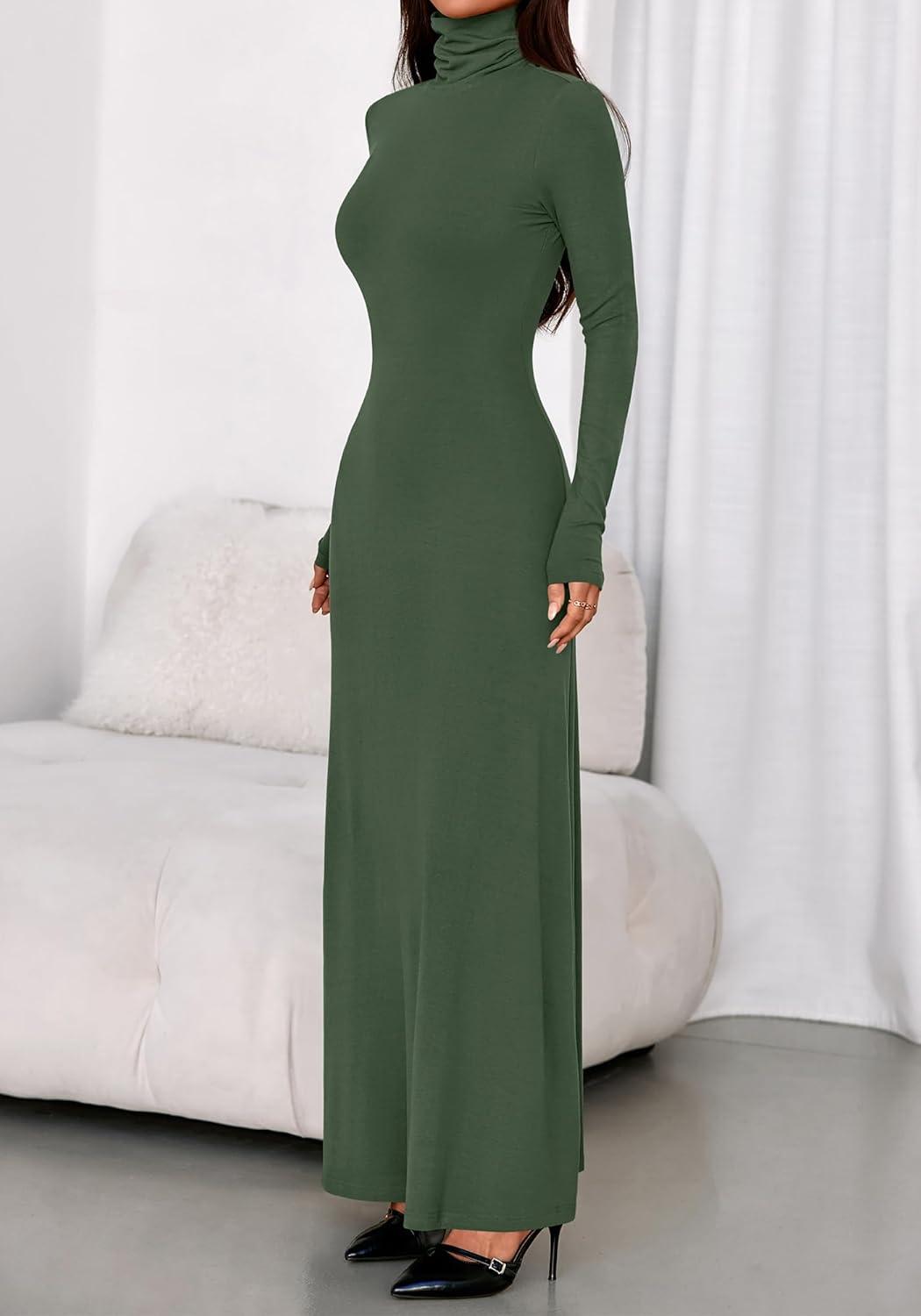 imageBTFBM Womens Dresses Long Sleeve Turtle Neck Stretchy Knit Long Maxi Semi Formal Party Fall Wedding Guest Dress 2025Army Green