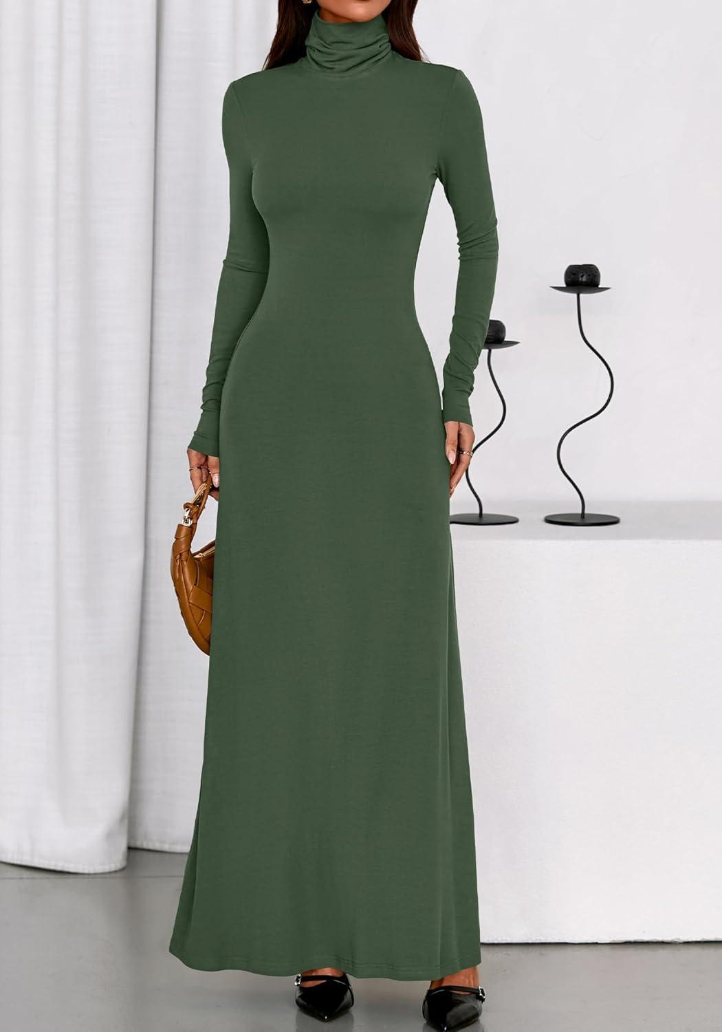 imageBTFBM Womens Dresses Long Sleeve Turtle Neck Stretchy Knit Long Maxi Semi Formal Party Fall Wedding Guest Dress 2025Army Green