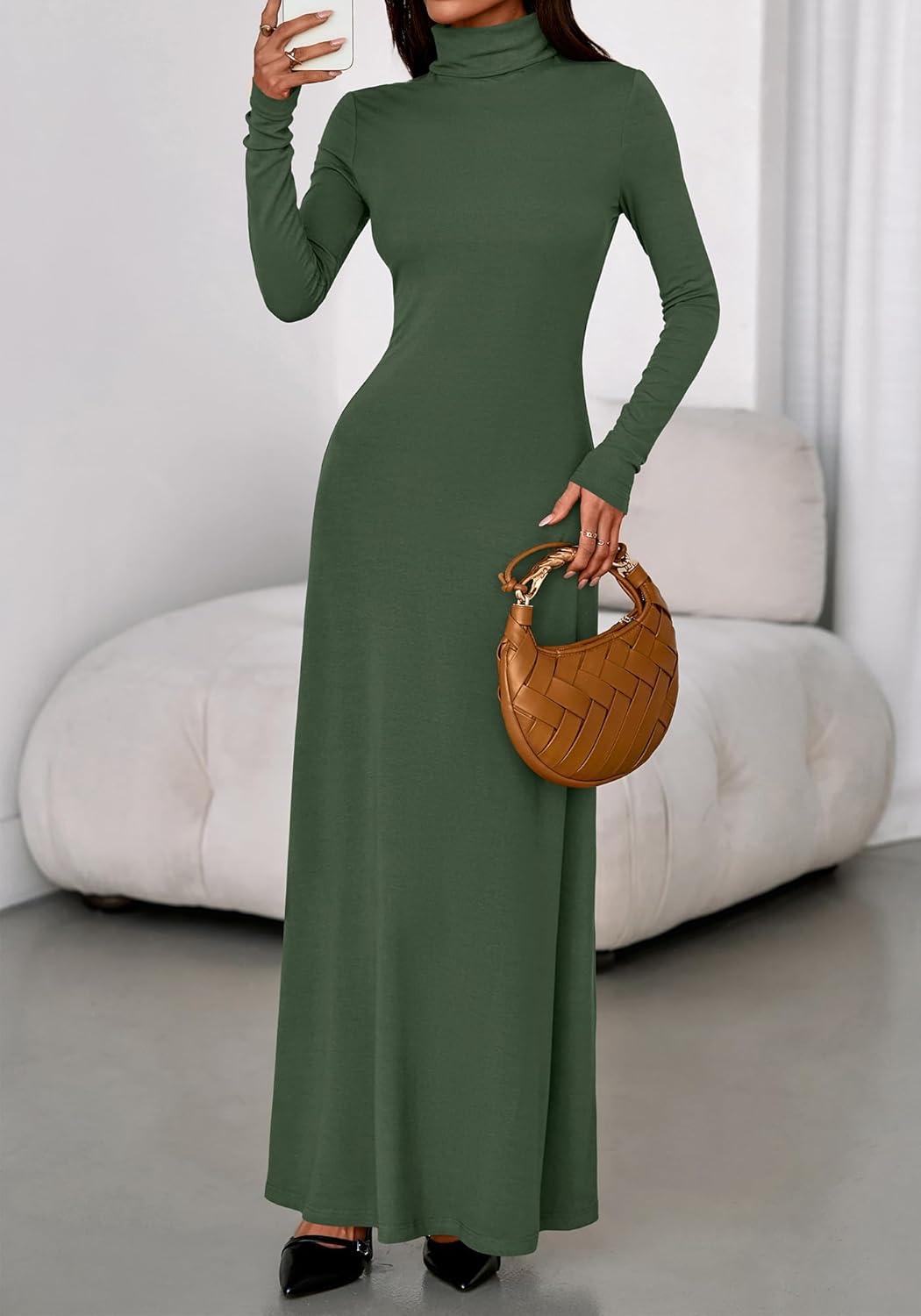 imageBTFBM Womens Dresses Long Sleeve Turtle Neck Stretchy Knit Long Maxi Semi Formal Party Fall Wedding Guest Dress 2025Army Green