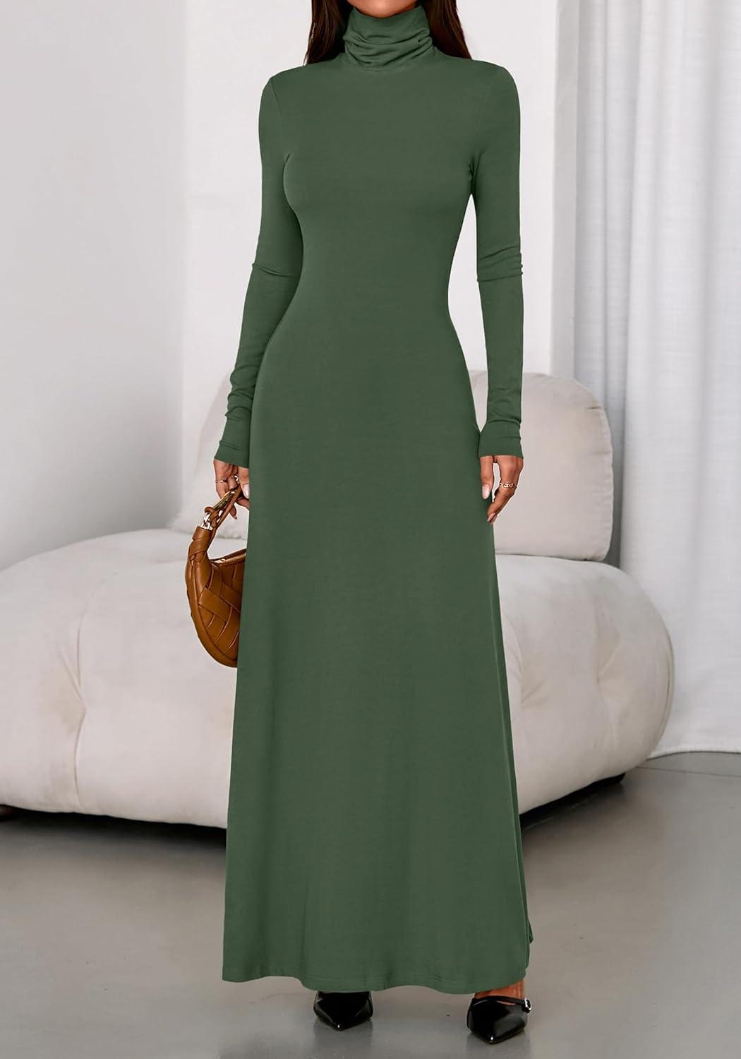 imageBTFBM Womens Dresses Long Sleeve Turtle Neck Stretchy Knit Long Maxi Semi Formal Party Fall Wedding Guest Dress 2025Army Green