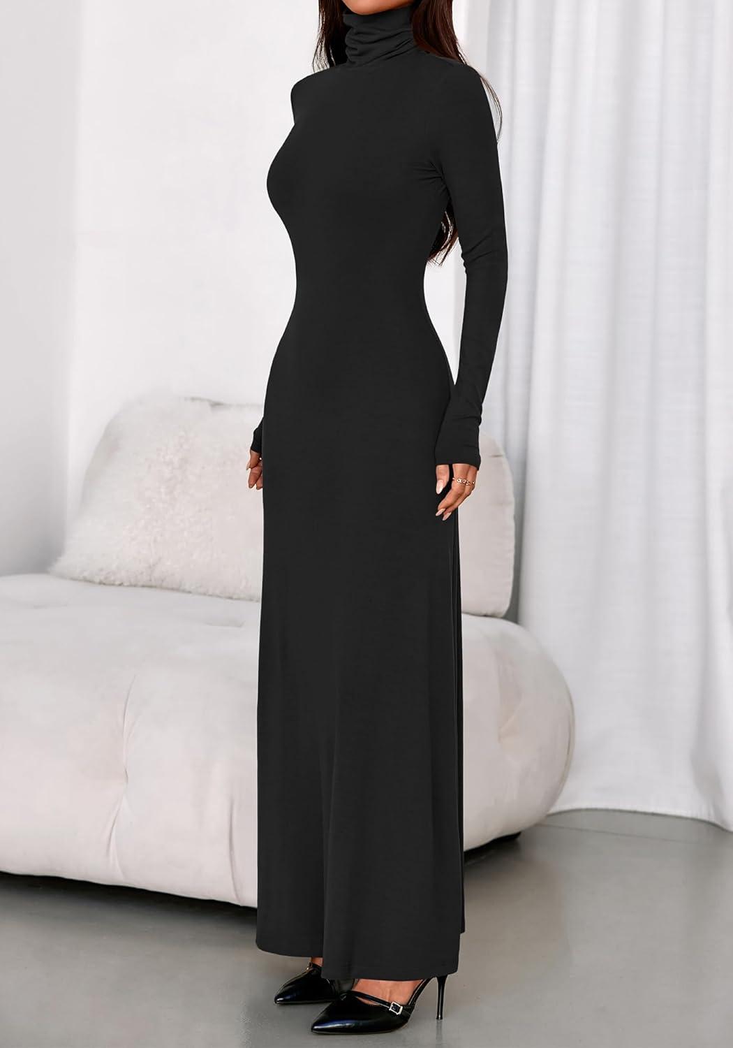 imageBTFBM Womens Dresses Long Sleeve Turtle Neck Stretchy Knit Long Maxi Semi Formal Party Fall Wedding Guest Dress 2025Black
