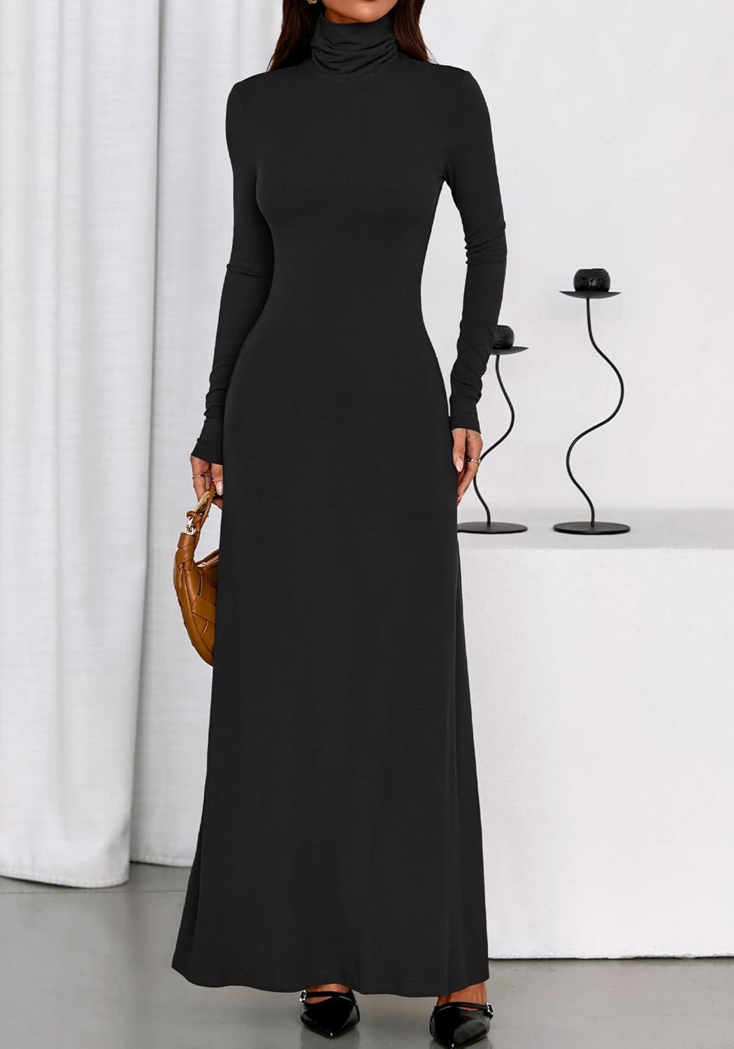 imageBTFBM Womens Dresses Long Sleeve Turtle Neck Stretchy Knit Long Maxi Semi Formal Party Fall Wedding Guest Dress 2025Black