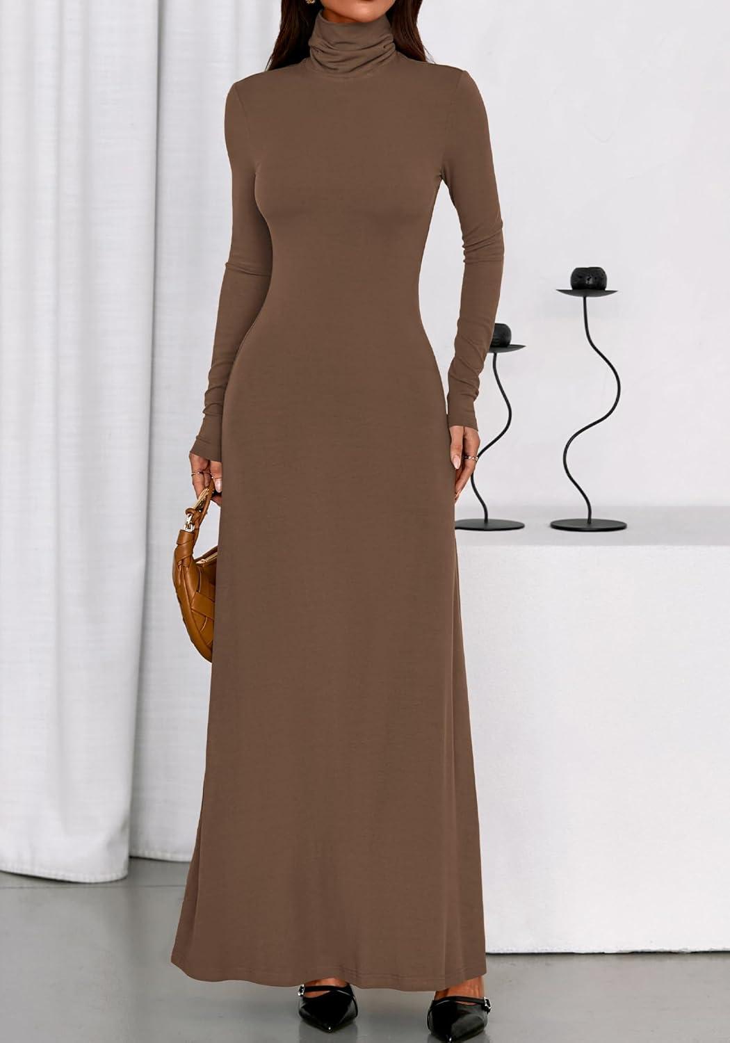 imageBTFBM Womens Dresses Long Sleeve Turtle Neck Stretchy Knit Long Maxi Semi Formal Party Fall Wedding Guest Dress 2025Brown