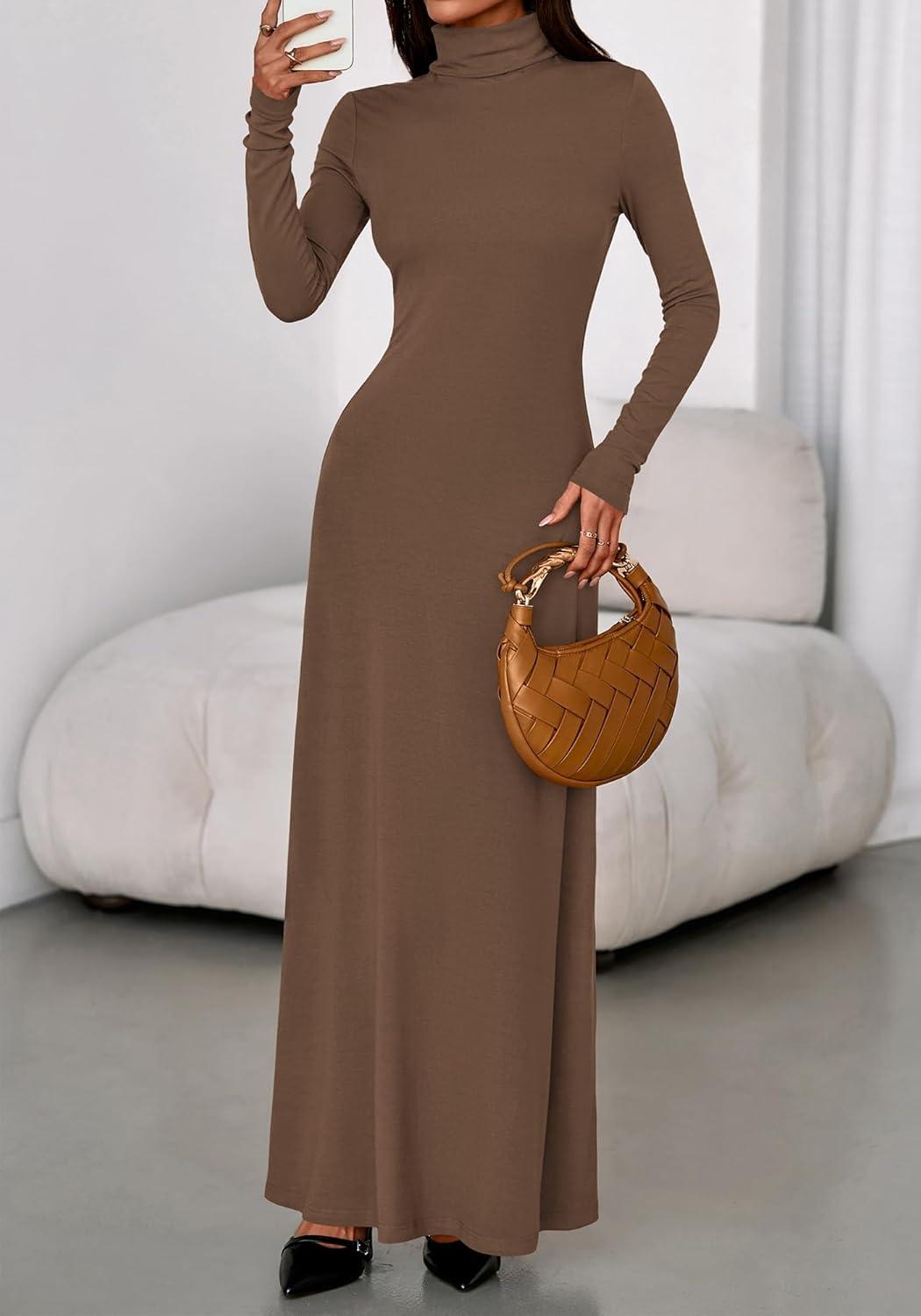 imageBTFBM Womens Dresses Long Sleeve Turtle Neck Stretchy Knit Long Maxi Semi Formal Party Fall Wedding Guest Dress 2025Brown