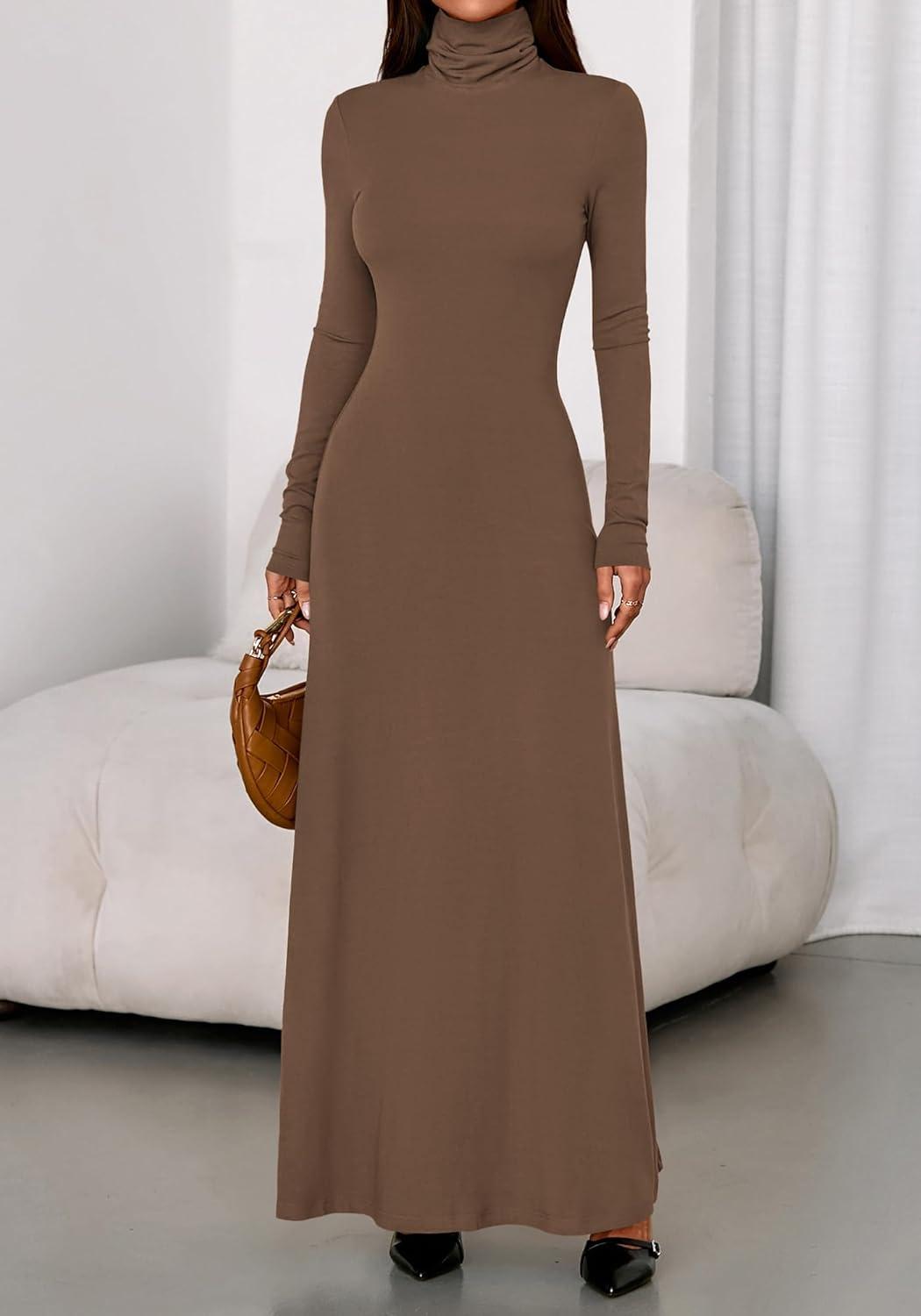 imageBTFBM Womens Dresses Long Sleeve Turtle Neck Stretchy Knit Long Maxi Semi Formal Party Fall Wedding Guest Dress 2025Brown