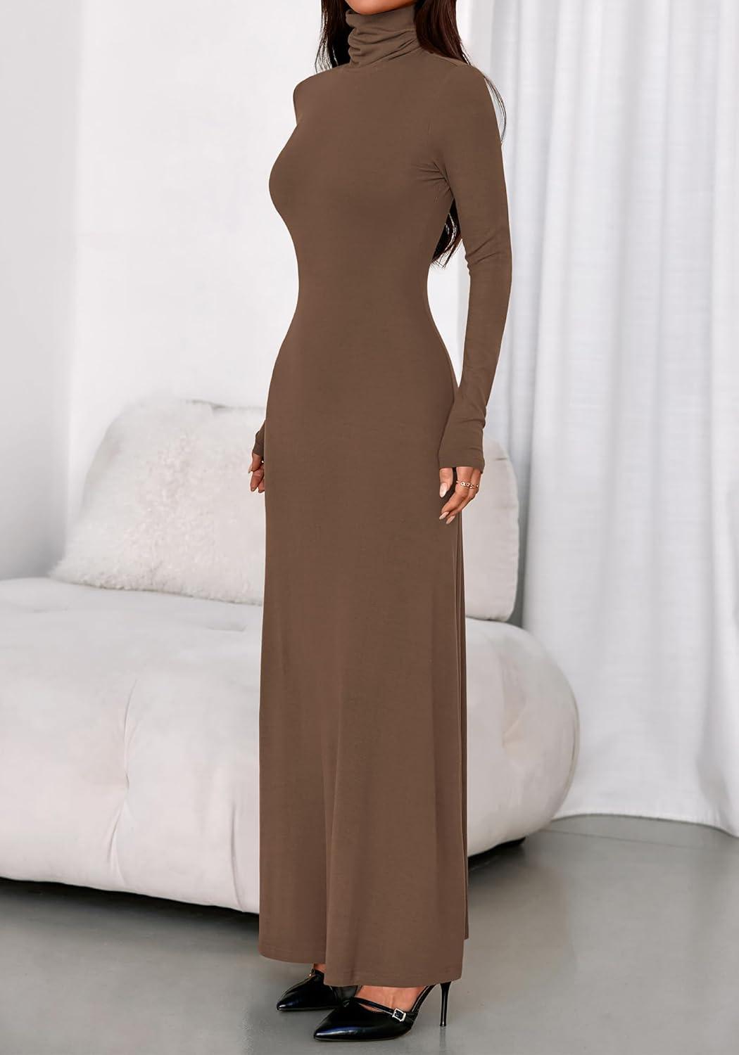 imageBTFBM Womens Dresses Long Sleeve Turtle Neck Stretchy Knit Long Maxi Semi Formal Party Fall Wedding Guest Dress 2025Brown