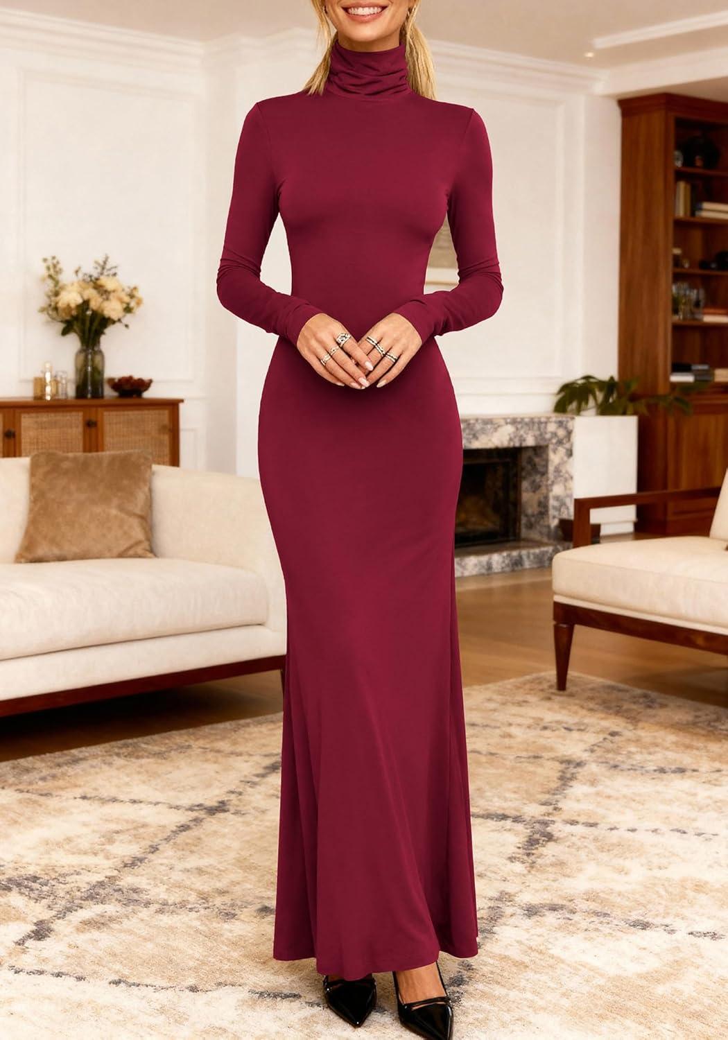 imageBTFBM Womens Dresses Long Sleeve Turtle Neck Stretchy Knit Long Maxi Semi Formal Party Fall Wedding Guest Dress 2025Burgundy