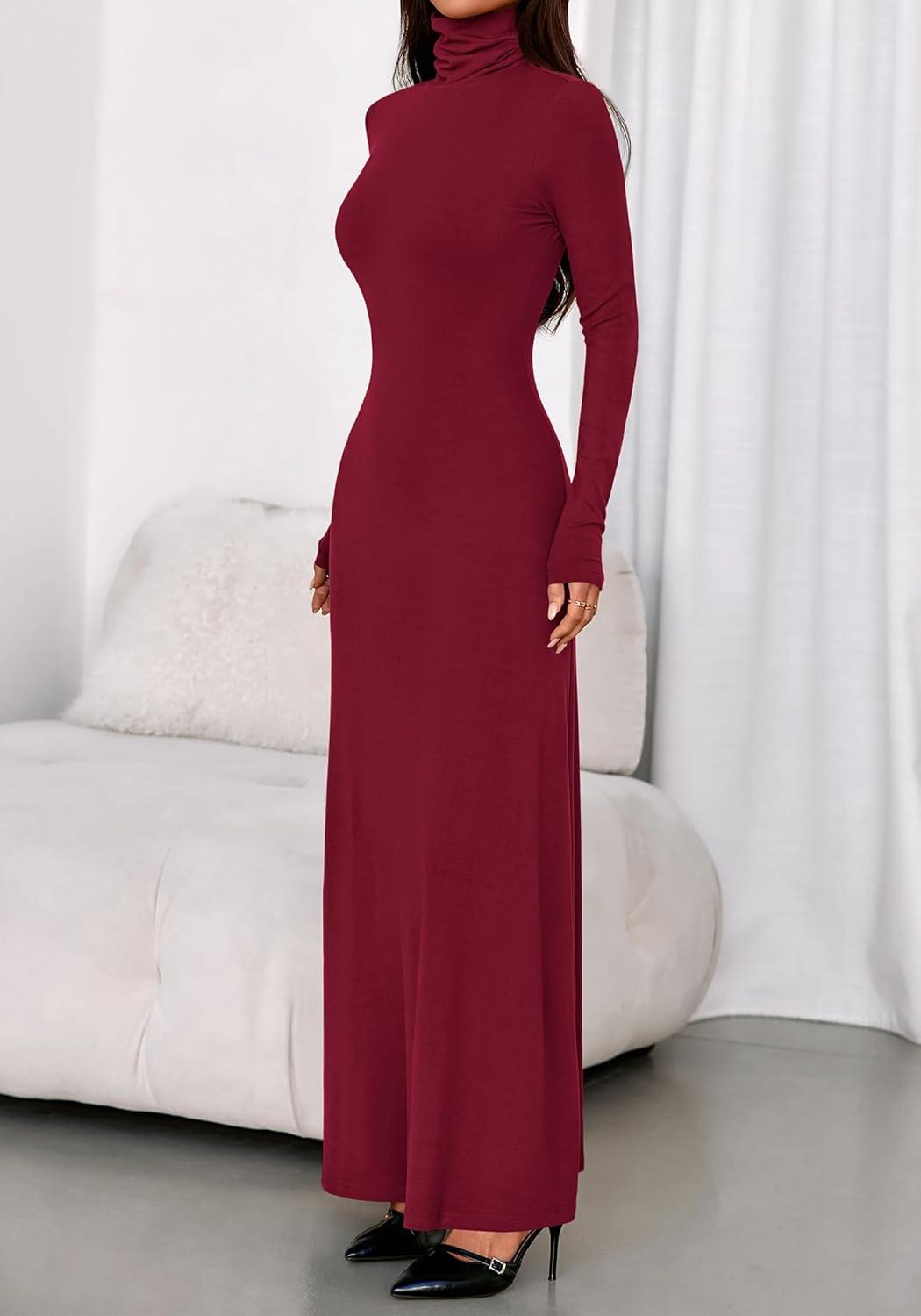 imageBTFBM Womens Dresses Long Sleeve Turtle Neck Stretchy Knit Long Maxi Semi Formal Party Fall Wedding Guest Dress 2025Burgundy