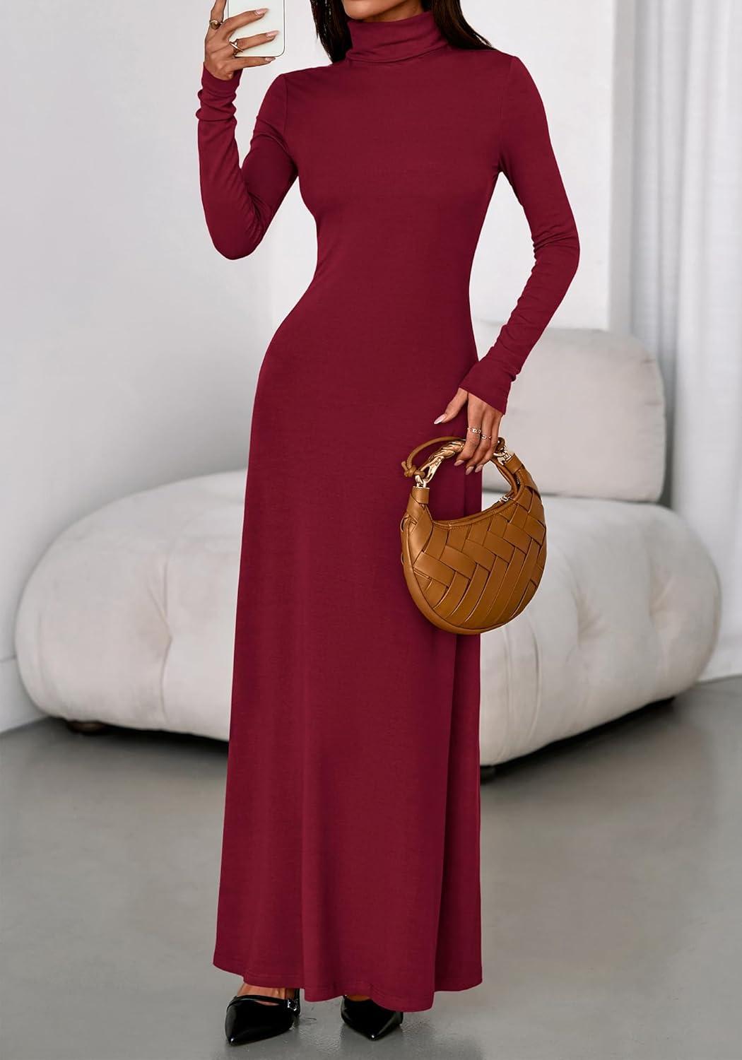 imageBTFBM Womens Dresses Long Sleeve Turtle Neck Stretchy Knit Long Maxi Semi Formal Party Fall Wedding Guest Dress 2025Burgundy