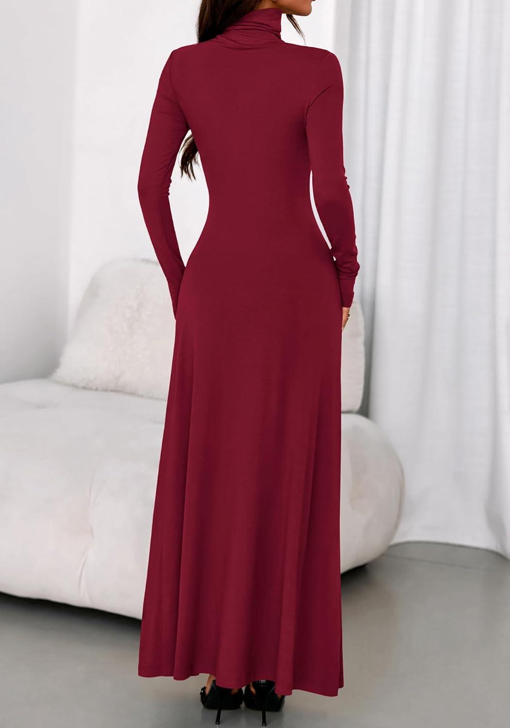 imageBTFBM Womens Dresses Long Sleeve Turtle Neck Stretchy Knit Long Maxi Semi Formal Party Fall Wedding Guest Dress 2025Burgundy