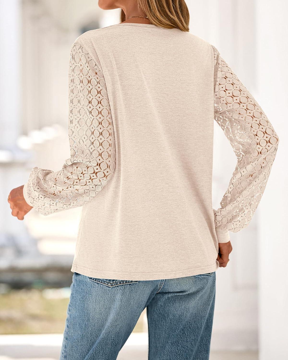imageBTFBM Womens Long Sleeve Shirts Dressy Lace Fall Tops 2025 Trendy Business Casual TShirts Cute Work Outfits BlousesBeige