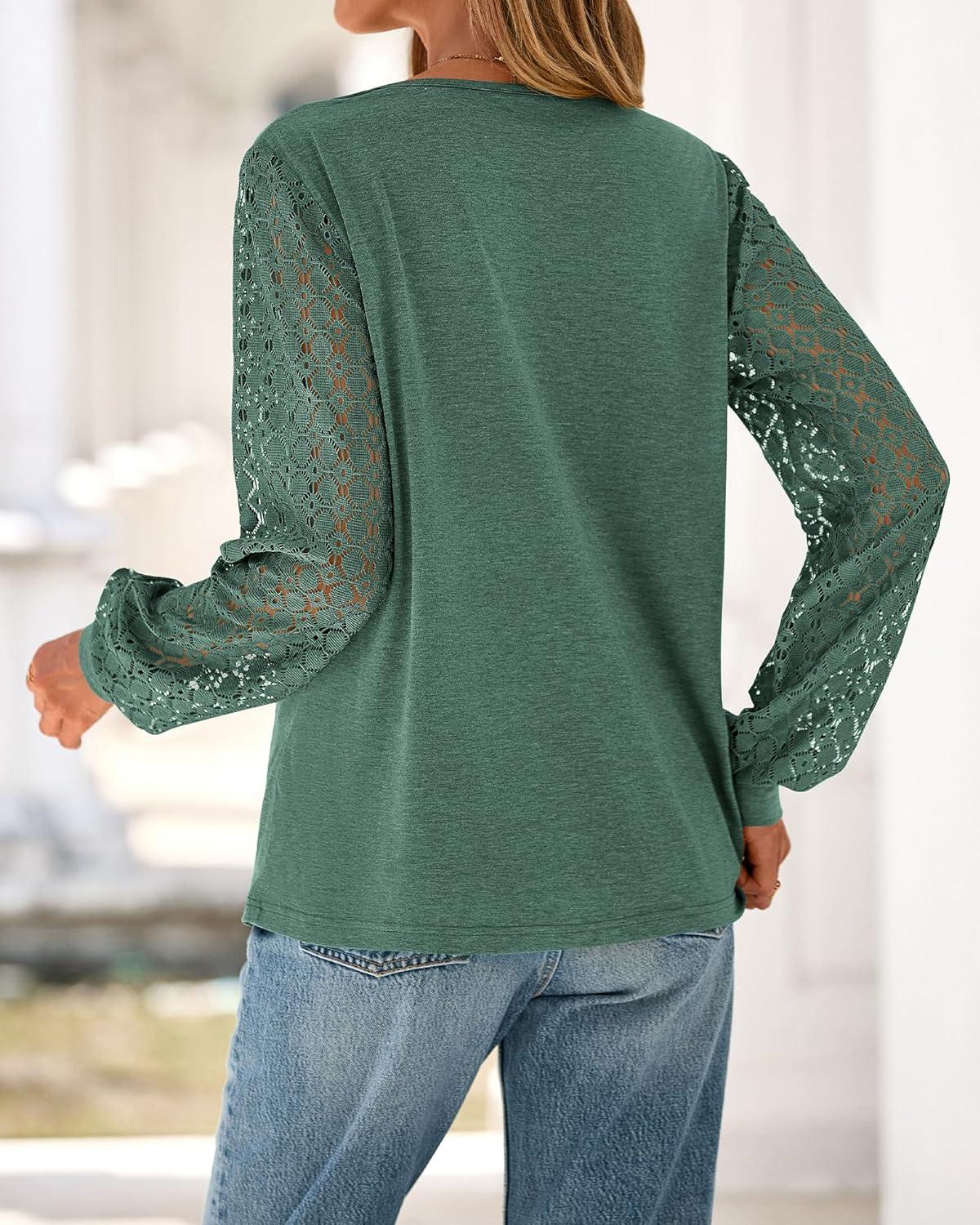 imageBTFBM Womens Long Sleeve Shirts Dressy Lace Fall Tops 2025 Trendy Business Casual TShirts Cute Work Outfits BlousesDark Green