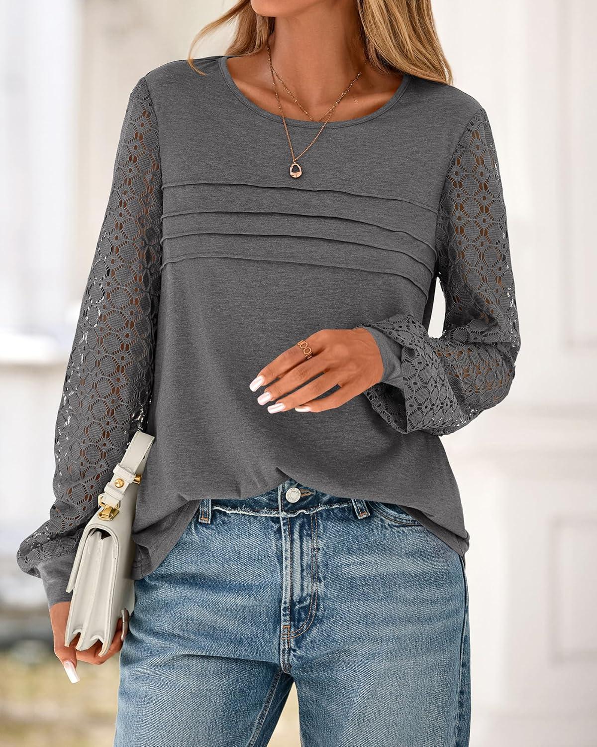 imageBTFBM Womens Long Sleeve Shirts Dressy Lace Fall Tops 2025 Trendy Business Casual TShirts Cute Work Outfits BlousesDark Grey