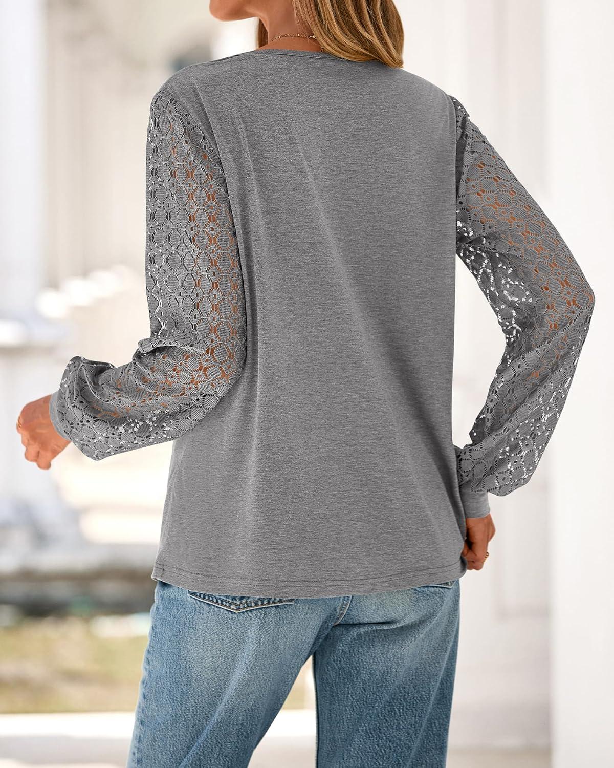 imageBTFBM Womens Long Sleeve Shirts Dressy Lace Fall Tops 2025 Trendy Business Casual TShirts Cute Work Outfits BlousesGrey