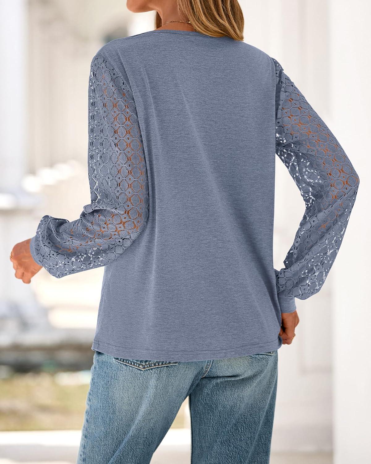 imageBTFBM Womens Long Sleeve Shirts Dressy Lace Fall Tops 2025 Trendy Business Casual TShirts Cute Work Outfits BlousesGrey Blue