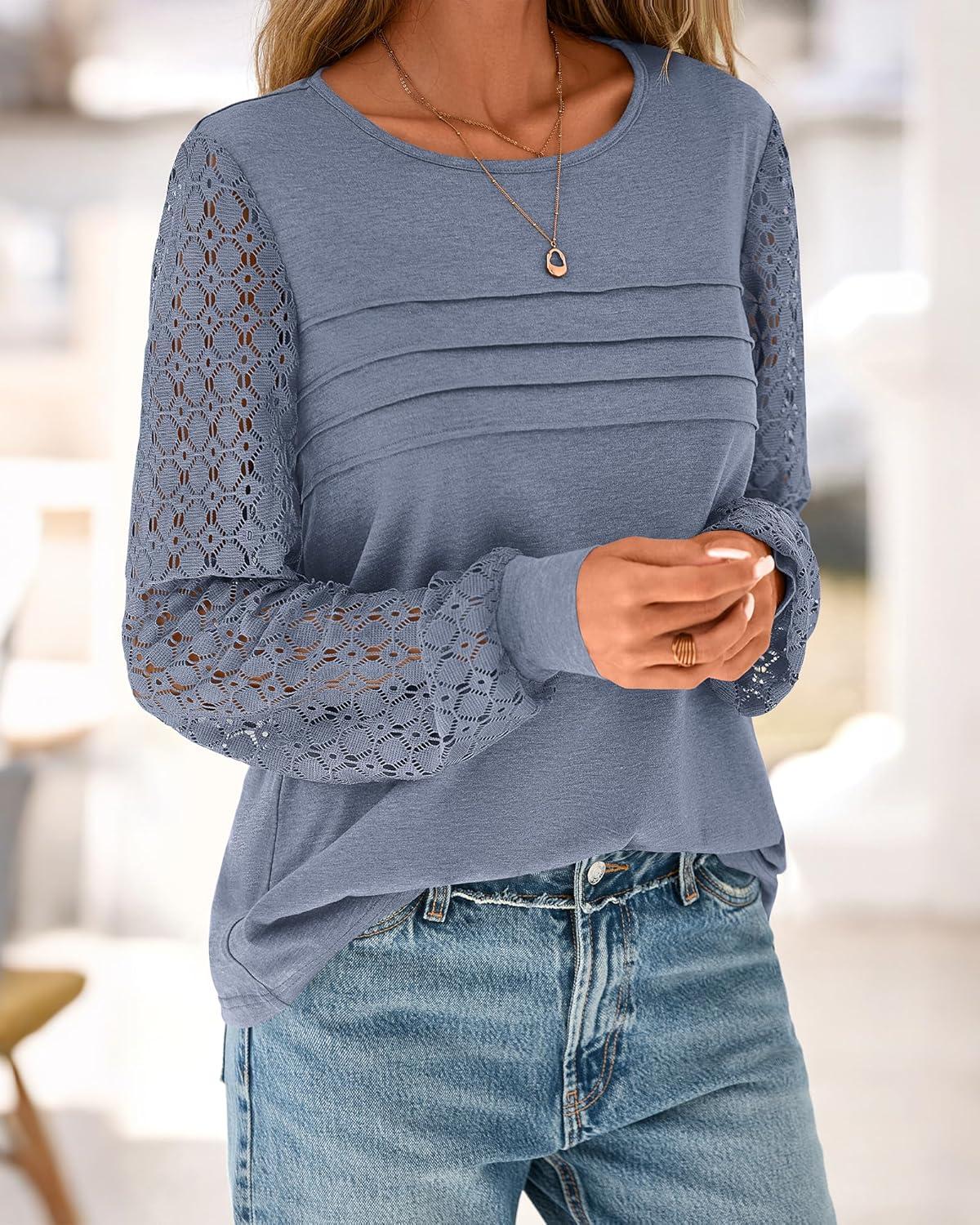 imageBTFBM Womens Long Sleeve Shirts Dressy Lace Fall Tops 2025 Trendy Business Casual TShirts Cute Work Outfits BlousesGrey Blue