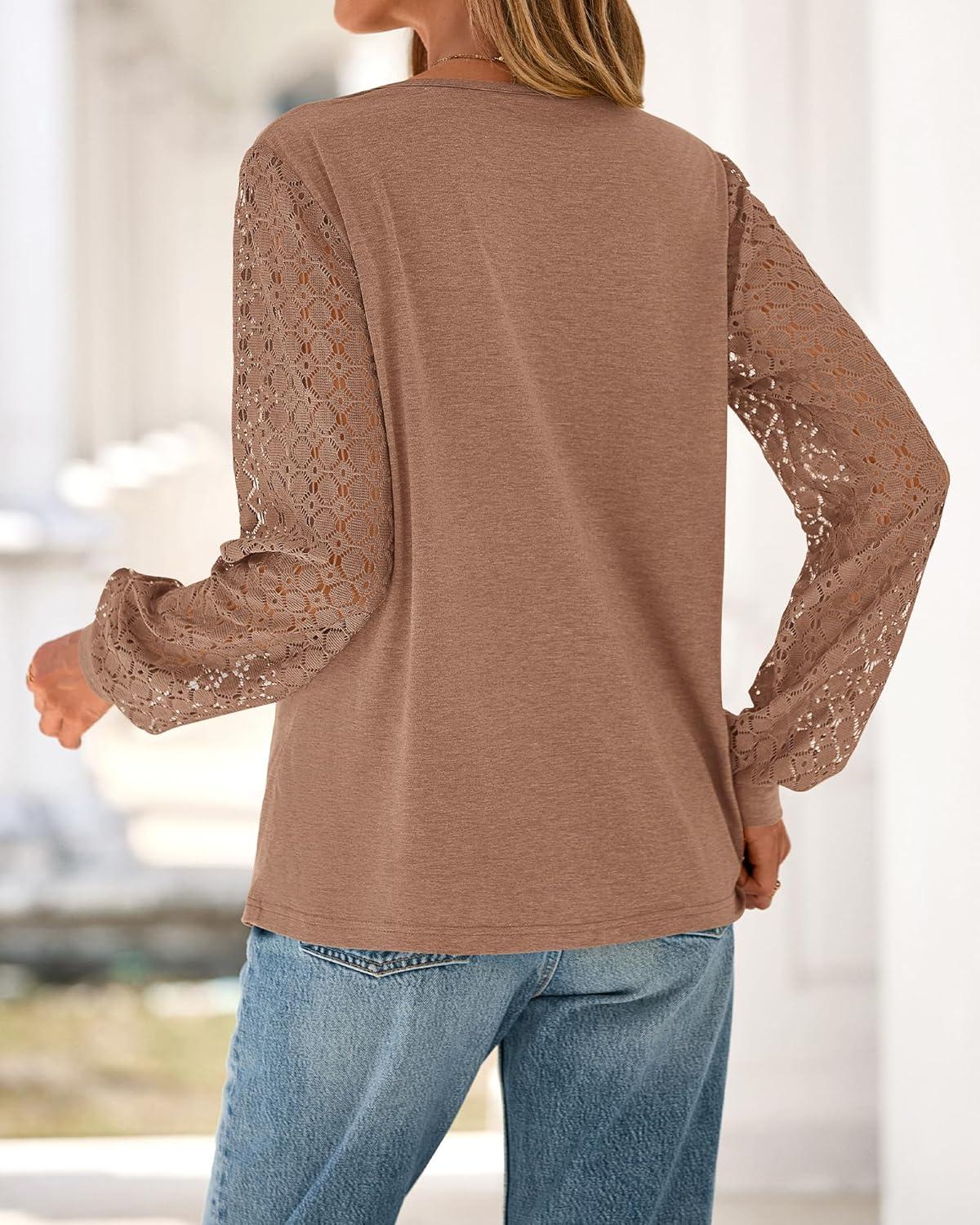 imageBTFBM Womens Long Sleeve Shirts Dressy Lace Fall Tops 2025 Trendy Business Casual TShirts Cute Work Outfits BlousesLight Brown