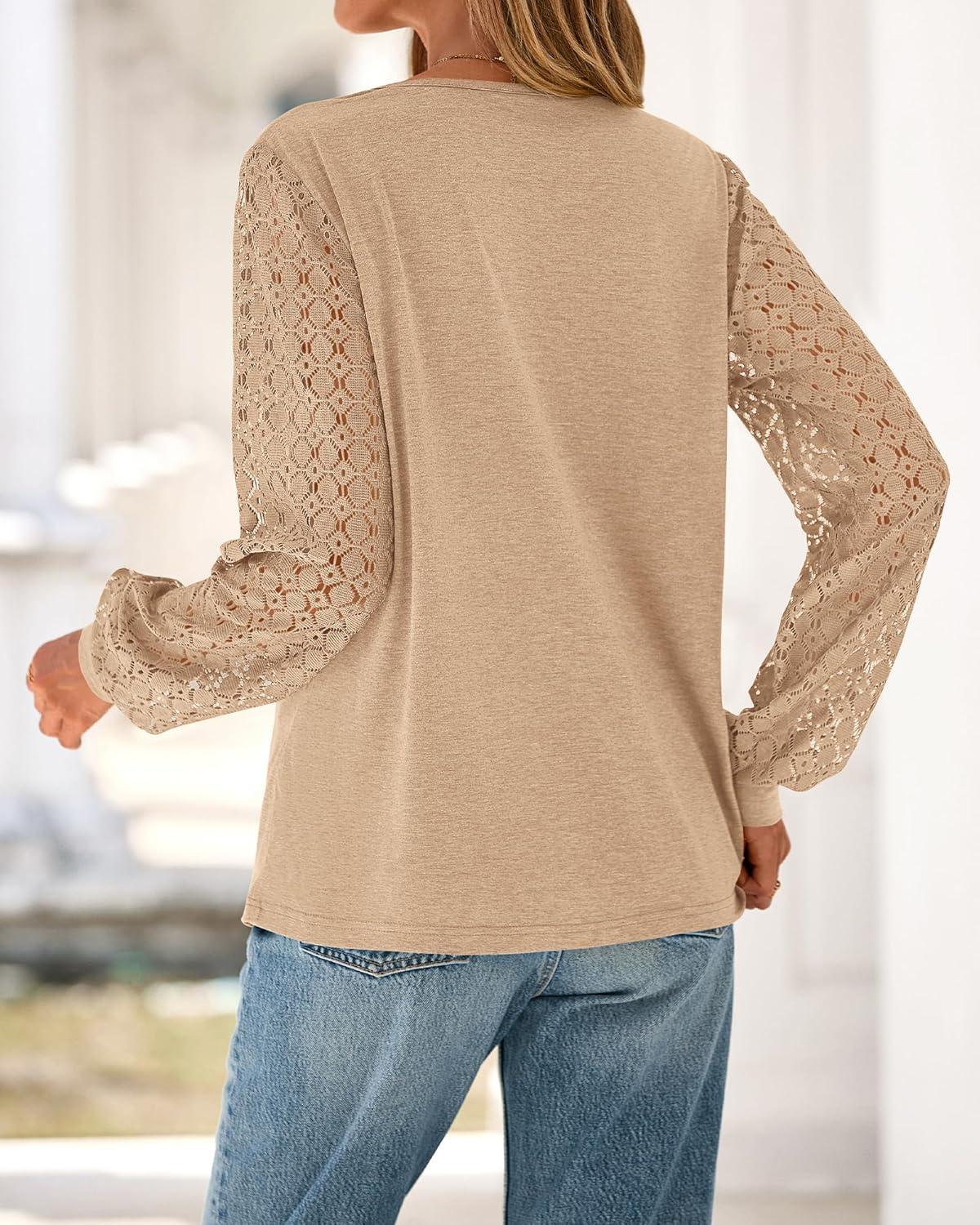 imageBTFBM Womens Long Sleeve Shirts Dressy Lace Fall Tops 2025 Trendy Business Casual TShirts Cute Work Outfits BlousesLight Khaki