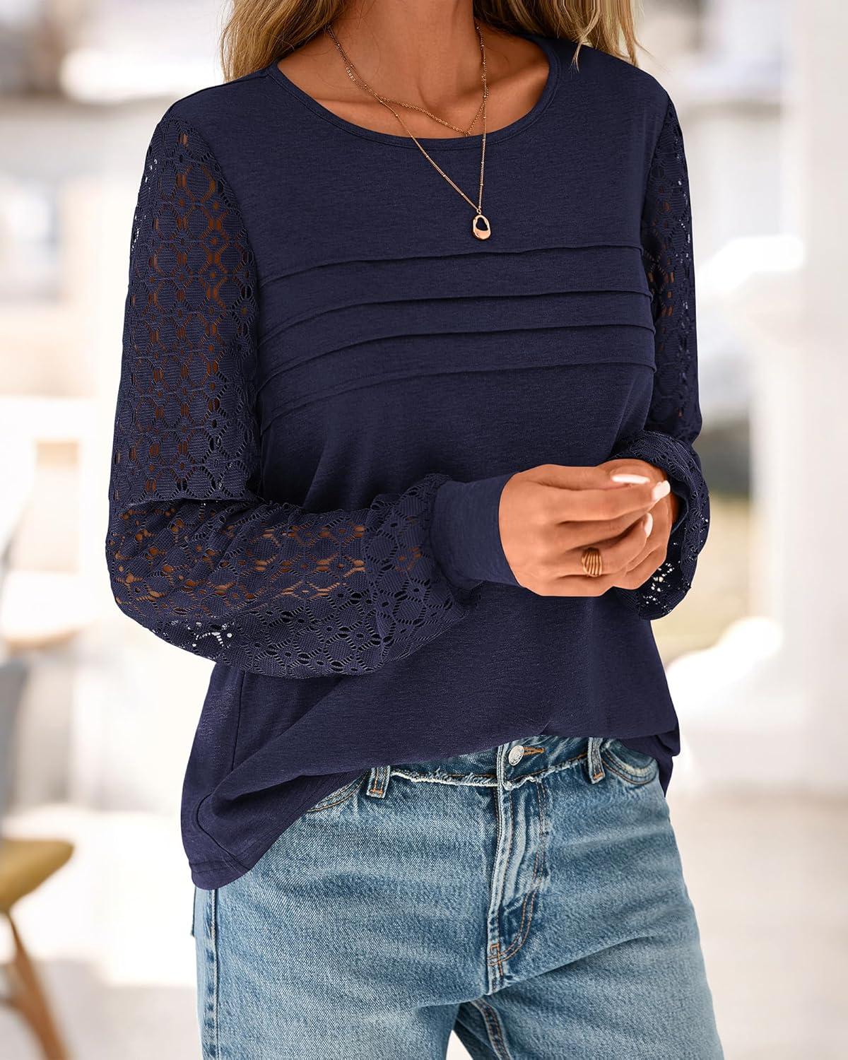 imageBTFBM Womens Long Sleeve Shirts Dressy Lace Fall Tops 2025 Trendy Business Casual TShirts Cute Work Outfits BlousesNavy Blue