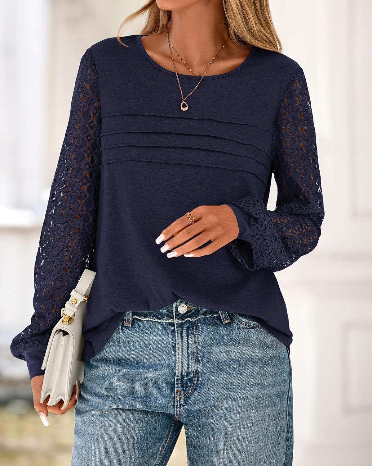 imageBTFBM Womens Long Sleeve Shirts Dressy Lace Fall Tops 2025 Trendy Business Casual TShirts Cute Work Outfits BlousesNavy Blue