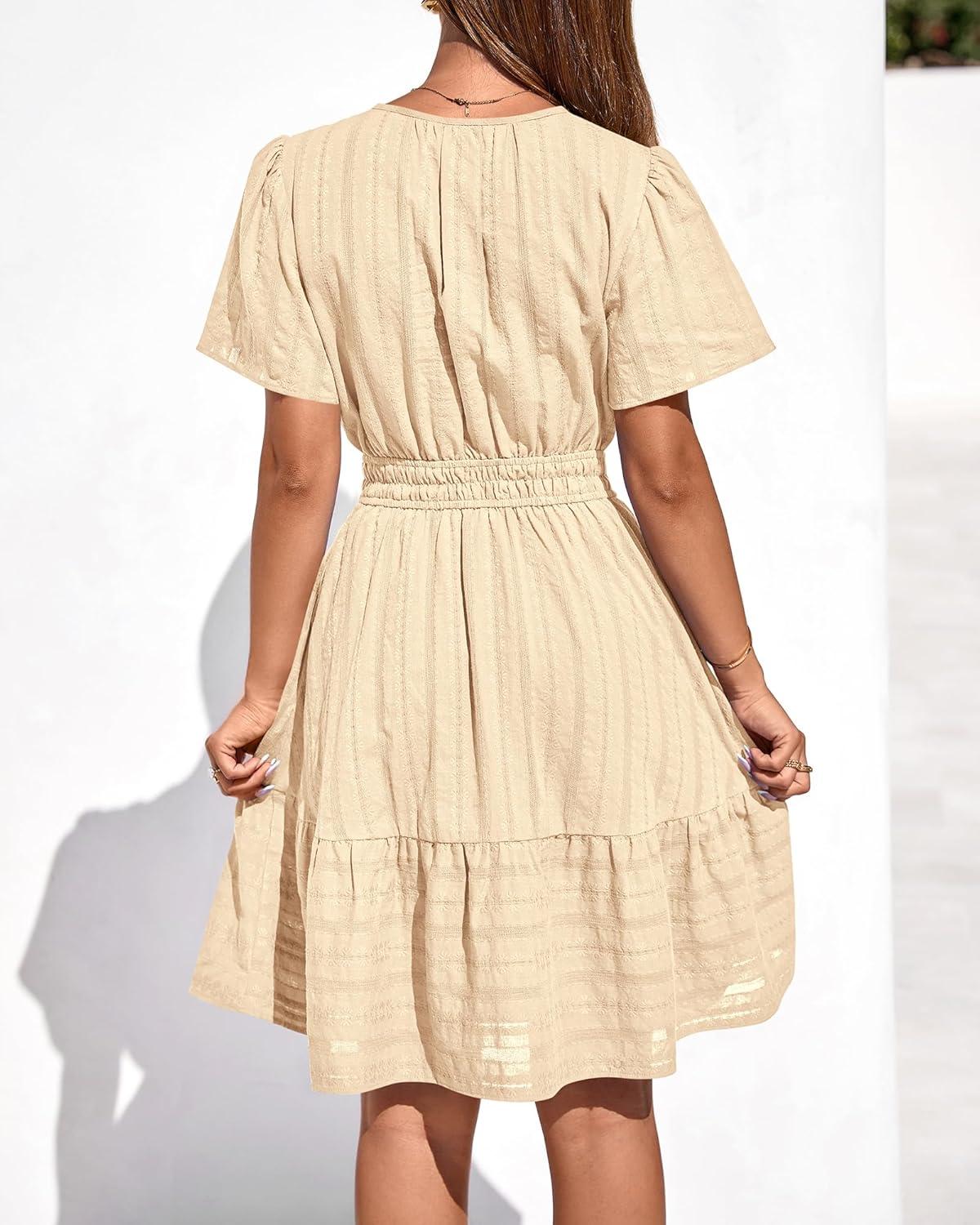 imageBTFBM Womens Spring 2026 Casual Mini Dresses Lightweight Short Sleeve V Neck Elastic Waist Cute Boho Beach Dress PocketsApricot